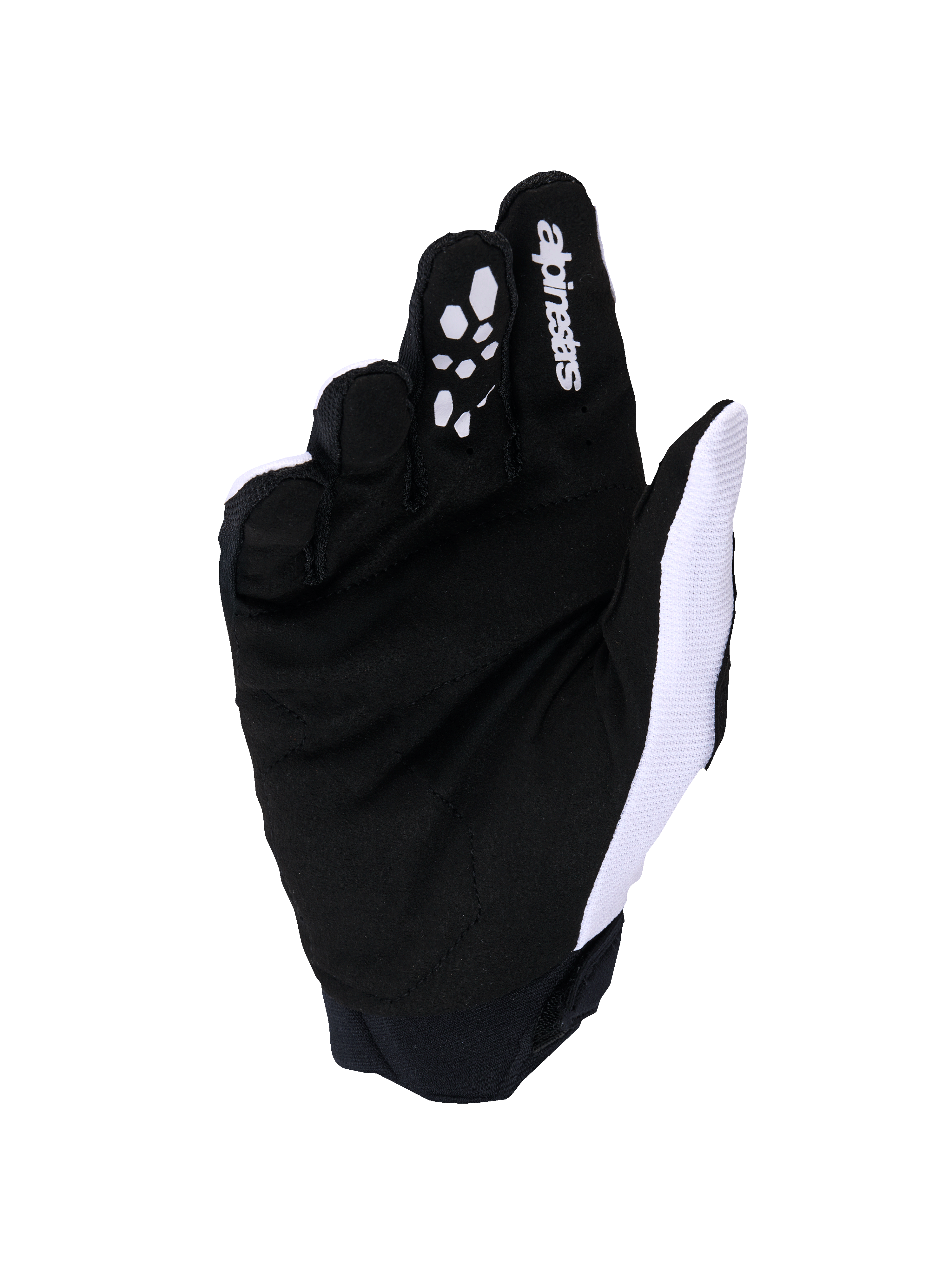 Luvas Alpinestars Full Bore V2, luvas de motocross, cinzento claro e preto, vista da palma com camurça sintética reforçada e aderência de silicone nos dedos, malha respirável branca no lado do polegar e logótipo Alpinestars no dedo indicador
