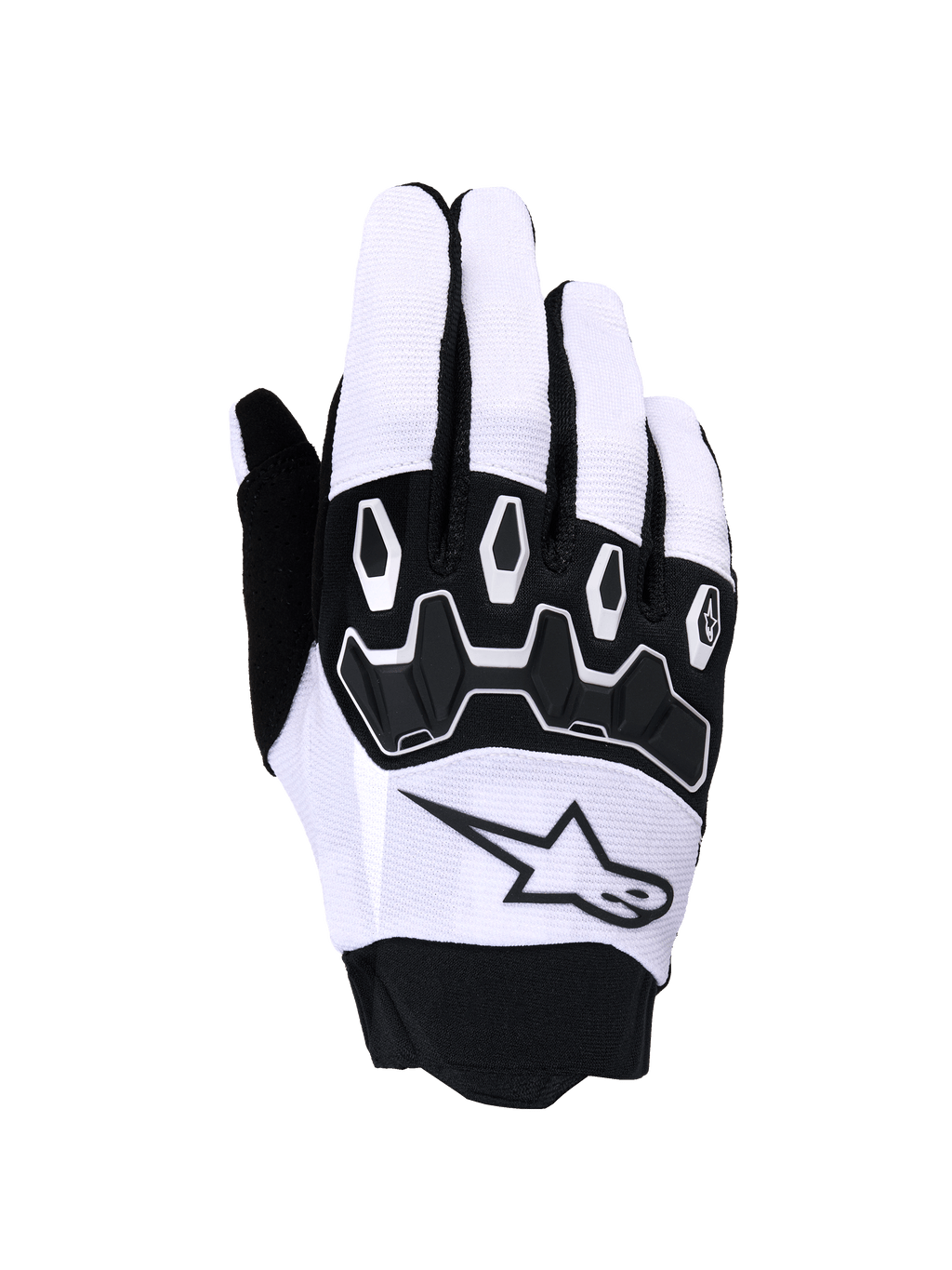 Luvas Alpinestars Full Bore V2, luvas de motocross, cinzento claro e preto, com proteção de articulações em TPR segmentado preto, parte superior em tecido respirável com logótipo de estrela e punho de neopreno, concebidas para desempenho off-road