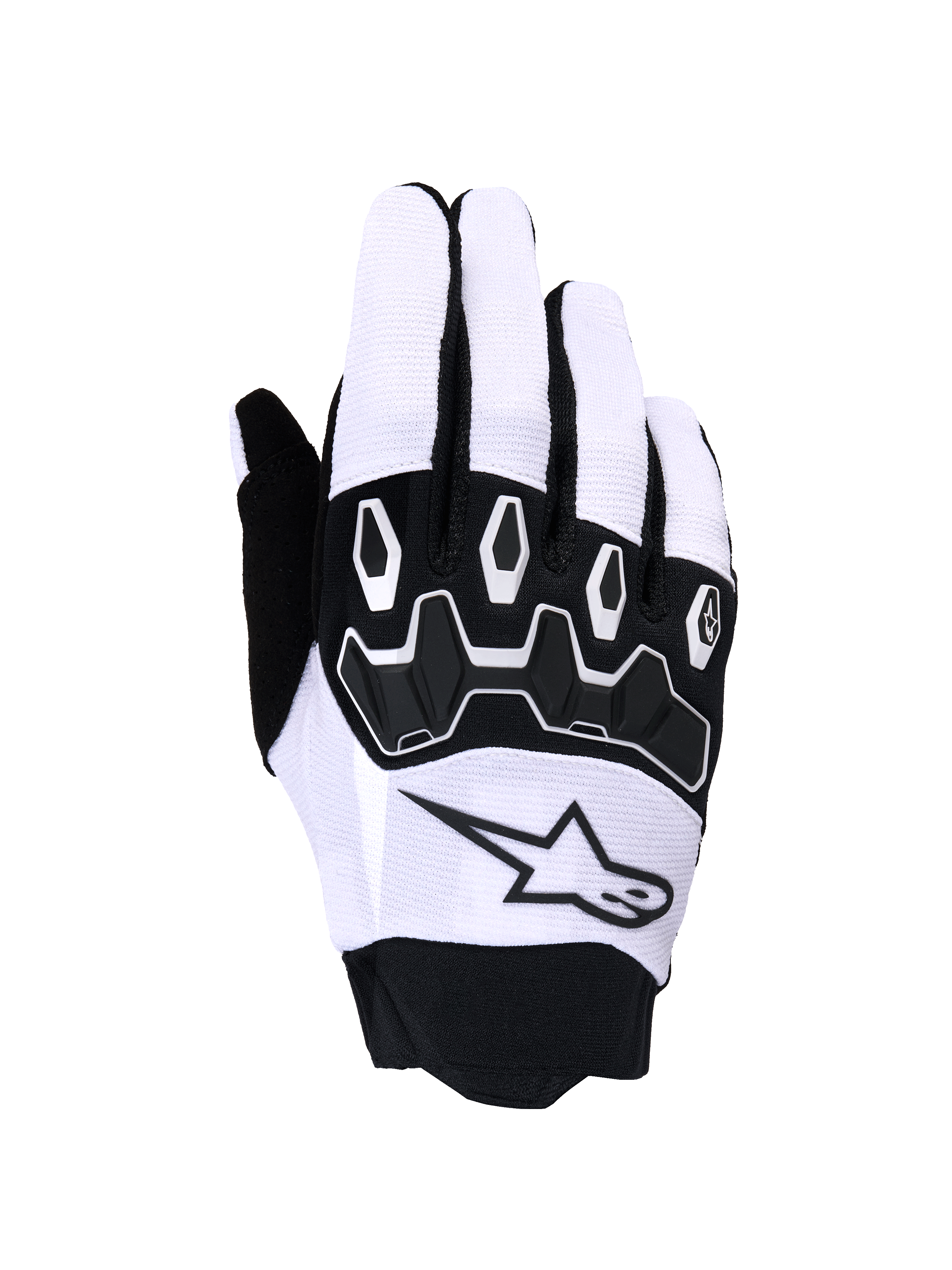 Luvas Alpinestars Full Bore V2, luvas de motocross, cinzento claro e preto, com proteção de articulações em TPR segmentado preto, parte superior em tecido respirável com logótipo de estrela e punho de neopreno, concebidas para desempenho off-road