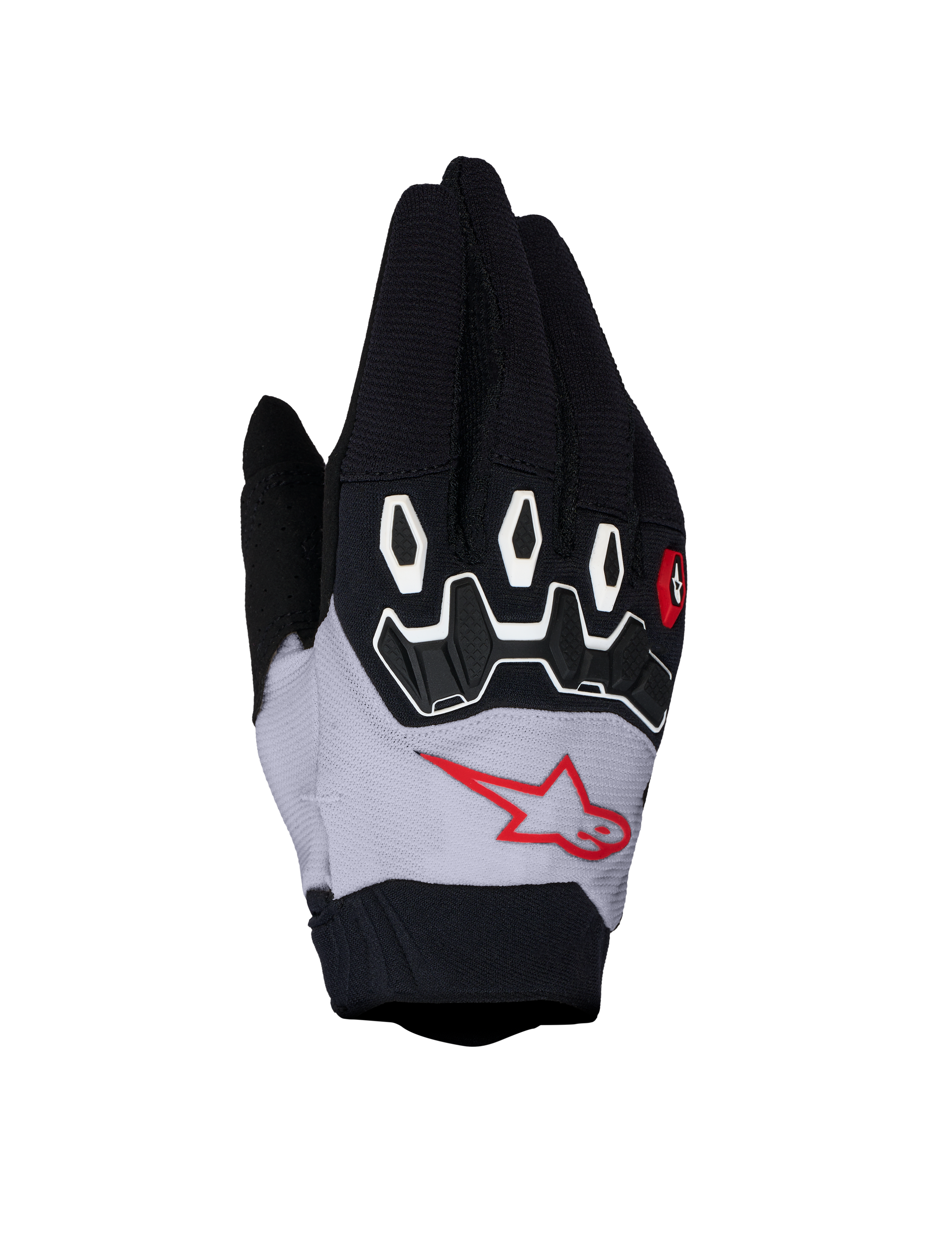 Alpinestars Full Bore V2, luvas de motocross pretas e lilás claro com proteção TPR e tecido respirável.