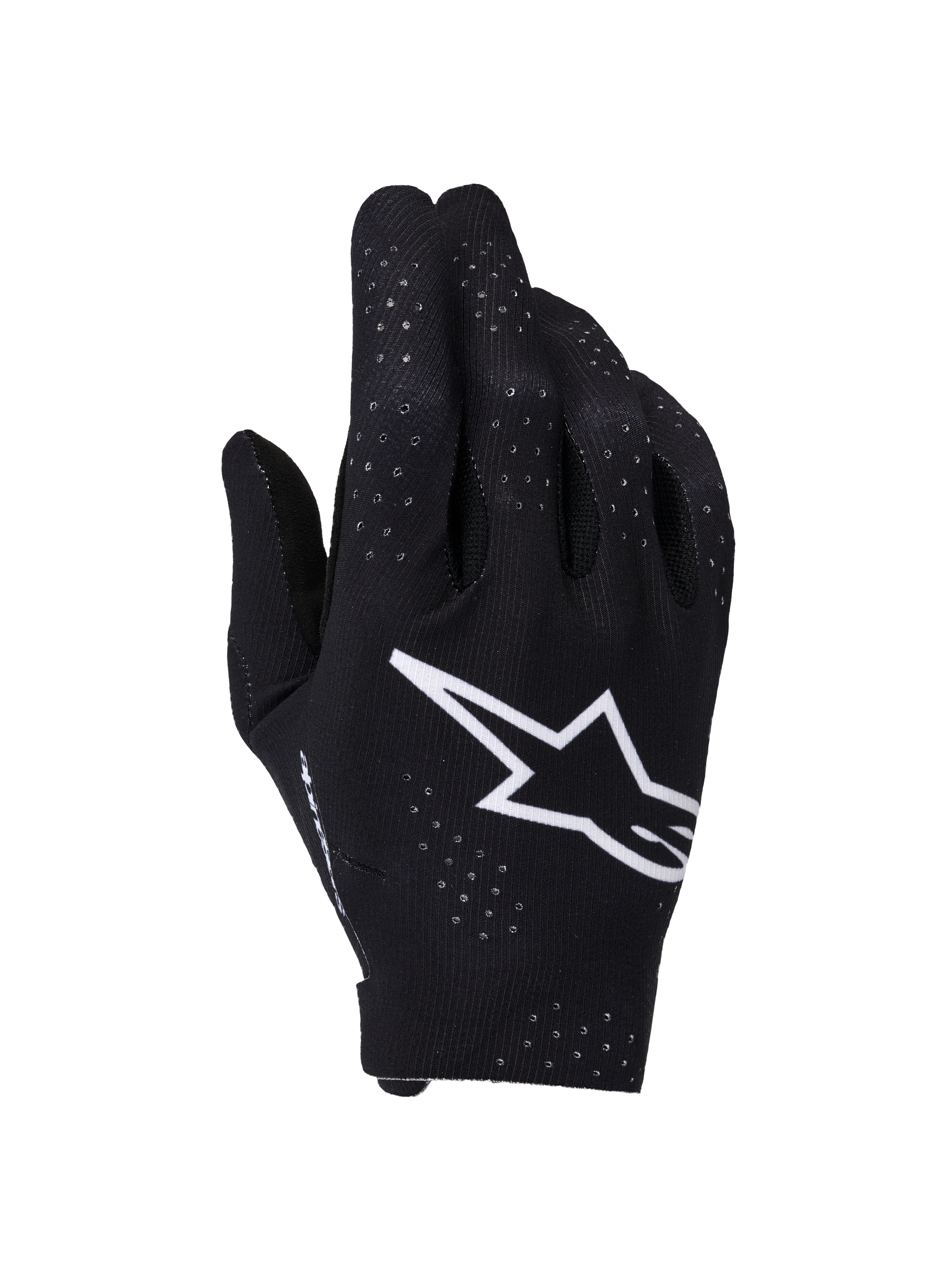 Alpinestars Supertech MX Gloves, luvas de motocross, pretas e brancas, vista do dorso da mão com um grande logótipo Astars branco, perfurações cortadas a laser para ventilação e design ergonómico sem costuras para corridas todo-o-terreno