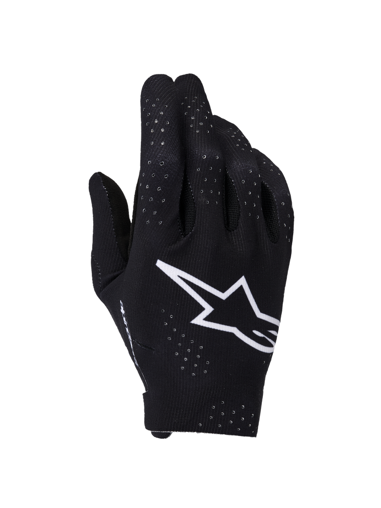 Alpinestars Supertech MX Gloves, luvas de motocross, pretas e brancas, vista do dorso da mão com um grande logótipo Astars branco, perfurações cortadas a laser para ventilação e design ergonómico sem costuras para corridas todo-o-terreno
