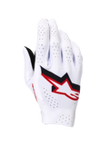 Luvas Alpinestars Supertech MX, luvas de motocross, brancas com detalhes em preto e vermelho Fire Red, vista do dorso com logótipo Astar proeminente, perfurações a laser extensas para ventilação e construção elástica leve sem costuras para competição profissional.