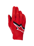 Luvas Supertech MX Alpinestars, luvas de motocross, vermelho fogo, preto e branco, vista do dorso da mão com perfurações a laser para ventilação, logótipo de estrela Alpinestars proeminente em branco e preto, design em tecido elástico leve para corridas fora de estrada