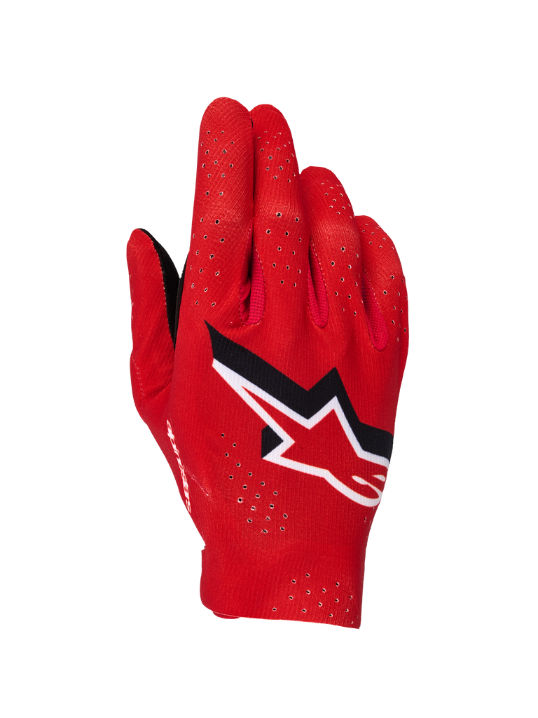 Luvas Supertech MX Alpinestars, luvas de motocross, vermelho fogo, preto e branco, vista do dorso da mão com perfurações a laser para ventilação, logótipo de estrela Alpinestars proeminente em branco e preto, design em tecido elástico leve para corridas fora de estrada