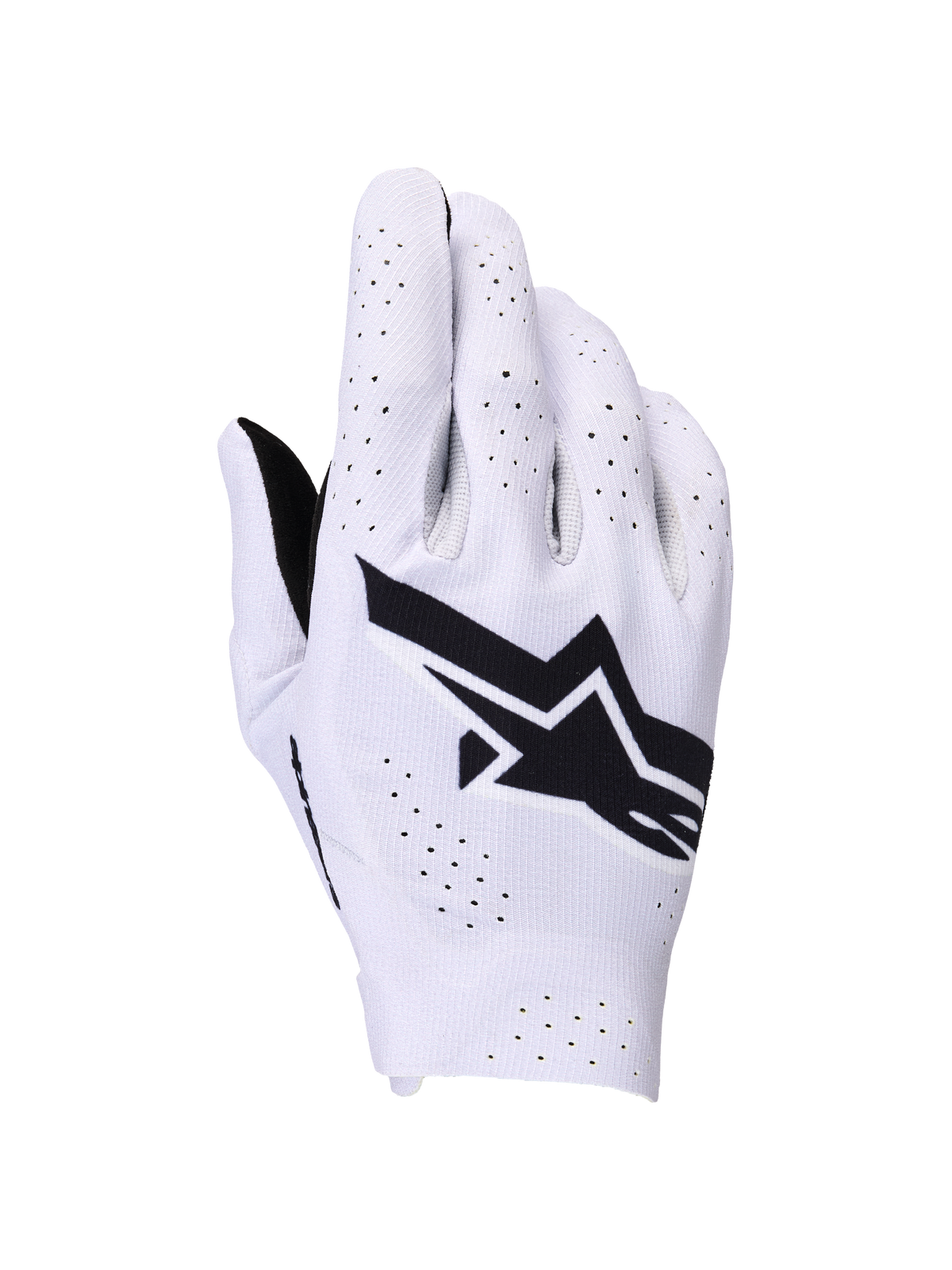 Luvas Alpinestars Supertech MX, luvas de motocross, lilás claro e preto, vista do dorso com um logótipo Alpinestars preto grande e perfurações cortadas a laser para fluxo de ar, construção elástica de camada única leve para corridas de todo-o-terreno