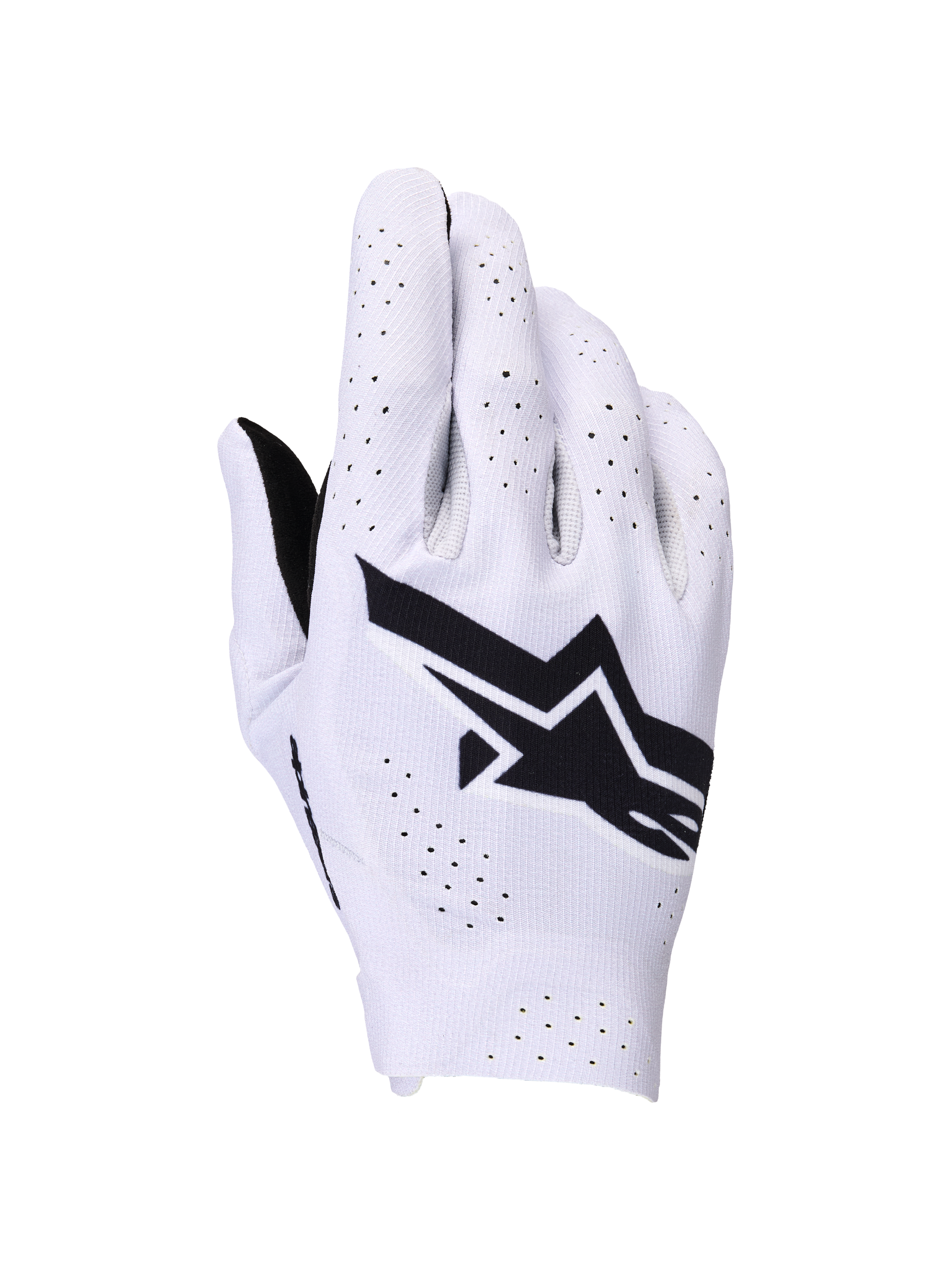 Luvas Alpinestars Supertech MX, luvas de motocross, lilás claro e preto, vista do dorso com um logótipo Alpinestars preto grande e perfurações cortadas a laser para fluxo de ar, construção elástica de camada única leve para corridas de todo-o-terreno