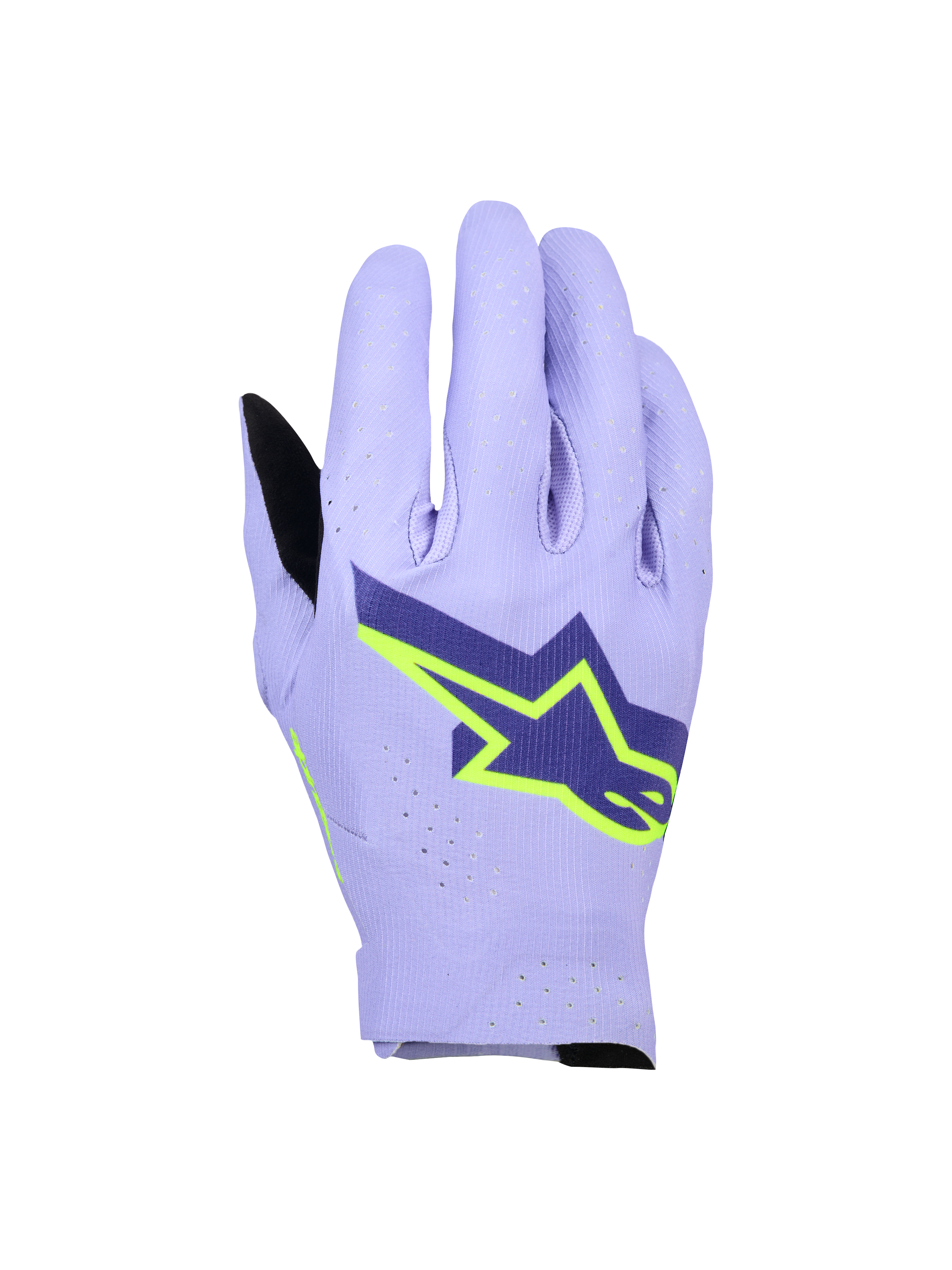 Luvas Alpinestars Supertech MX, luvas de motocross, roxo lavanda e amarelo fluorescente, com um grande logótipo de estrela azul-marinho e amarelo néon, dorso perfurado a laser para respirabilidade, design elástico leve de camada única para corridas todo-o-terreno