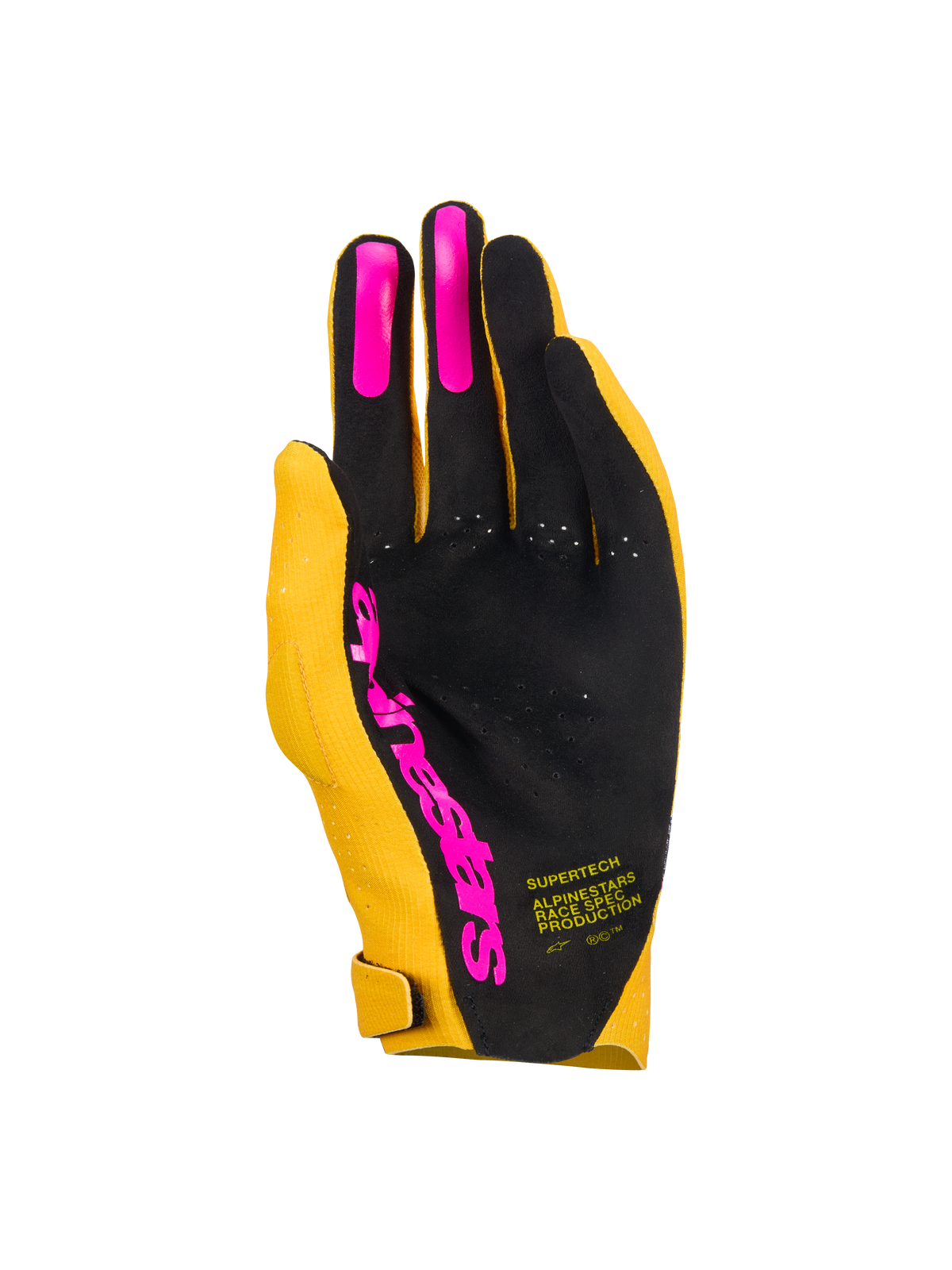 Luvas Alpinestars Supertech MX, luvas de motocross, dourado, preto e rosa fluo, vista da palma com palma perfurada de camada única, aderência de silicone rosa nos dedos e logótipo Alpinestars, equipamento de corrida leve
