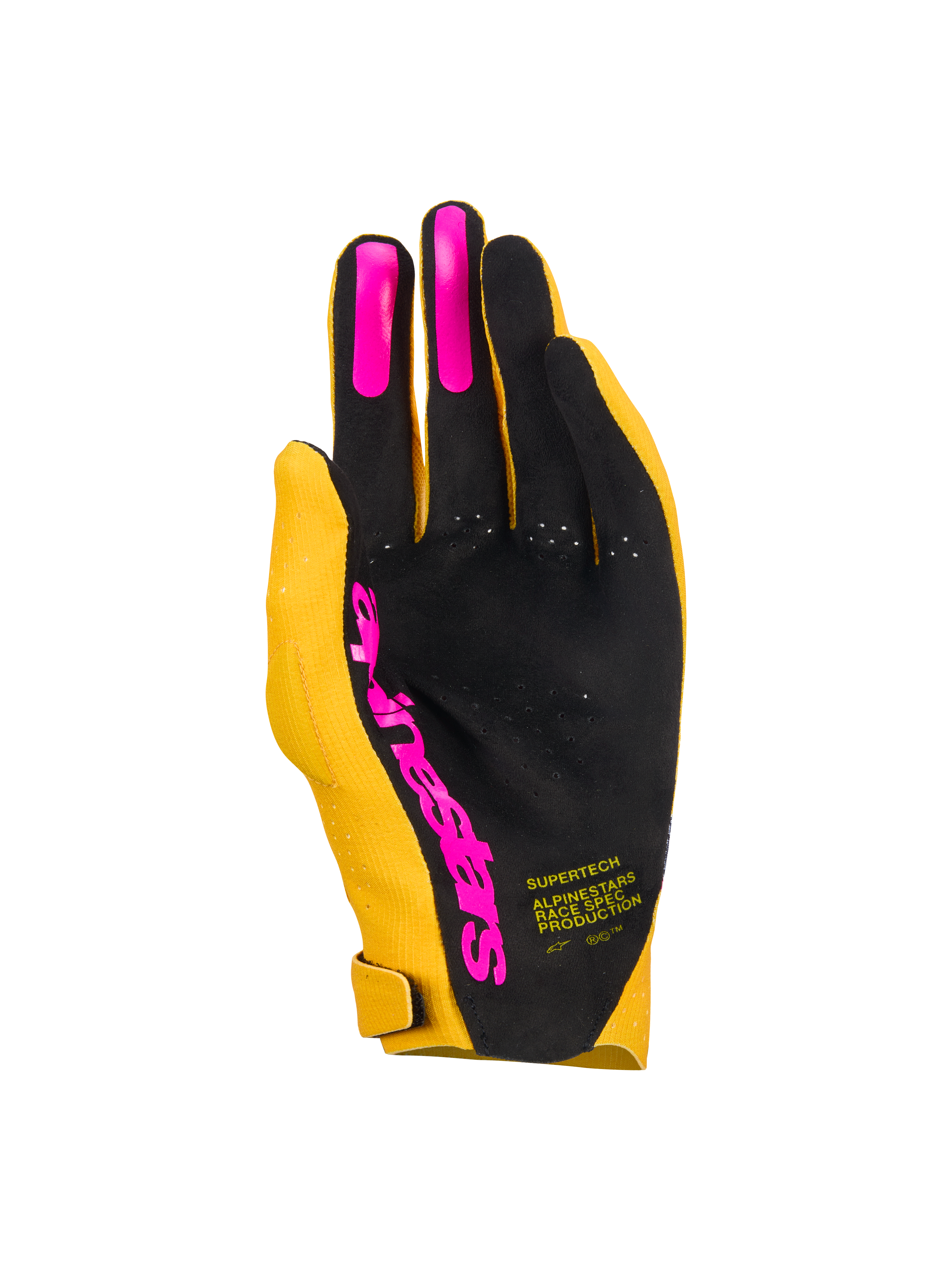 Luvas Alpinestars Supertech MX, luvas de motocross, dourado, preto e rosa fluo, vista da palma com palma perfurada de camada única, aderência de silicone rosa nos dedos e logótipo Alpinestars, equipamento de corrida leve