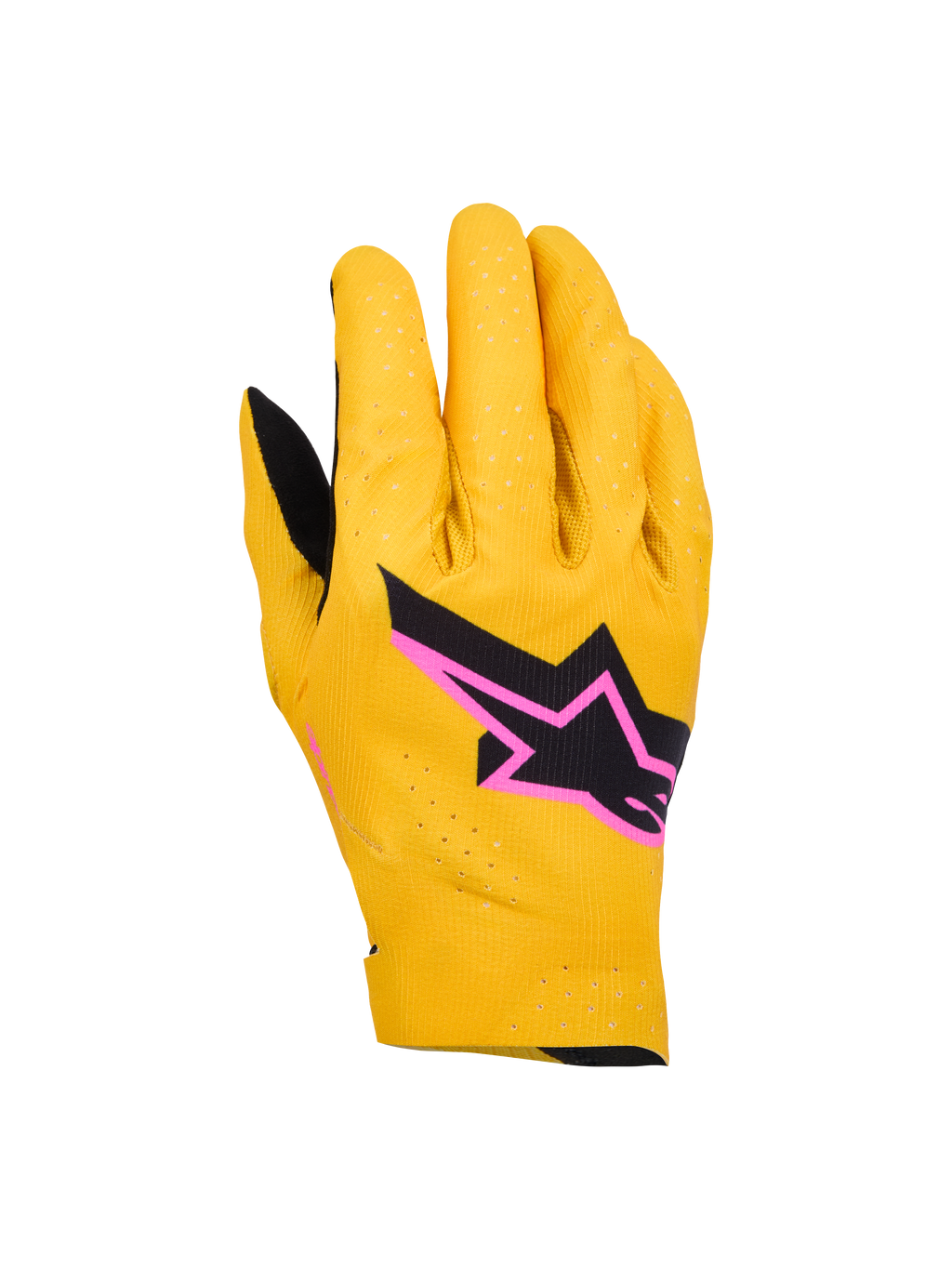 Alpinestars Supertech MX Gloves, luvas de motocross, douradas, pretas e rosa fluo, com construção elástica de camada única perfurada a laser, logótipo de estrela preto com contorno rosa, design respirável e flexível para corridas todo-o-terreno