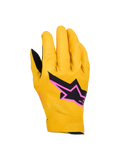 Alpinestars Supertech MX Gloves, luvas de motocross, douradas, pretas e rosa fluo, com construção elástica de camada única perfurada a laser, logótipo de estrela preto com contorno rosa, design respirável e flexível para corridas todo-o-terreno