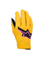 Alpinestars Supertech MX Gloves, luvas de motocross, douradas, pretas e rosa fluo, com construção elástica de camada única perfurada a laser, logótipo de estrela preto com contorno rosa, design respirável e flexível para corridas todo-o-terreno
