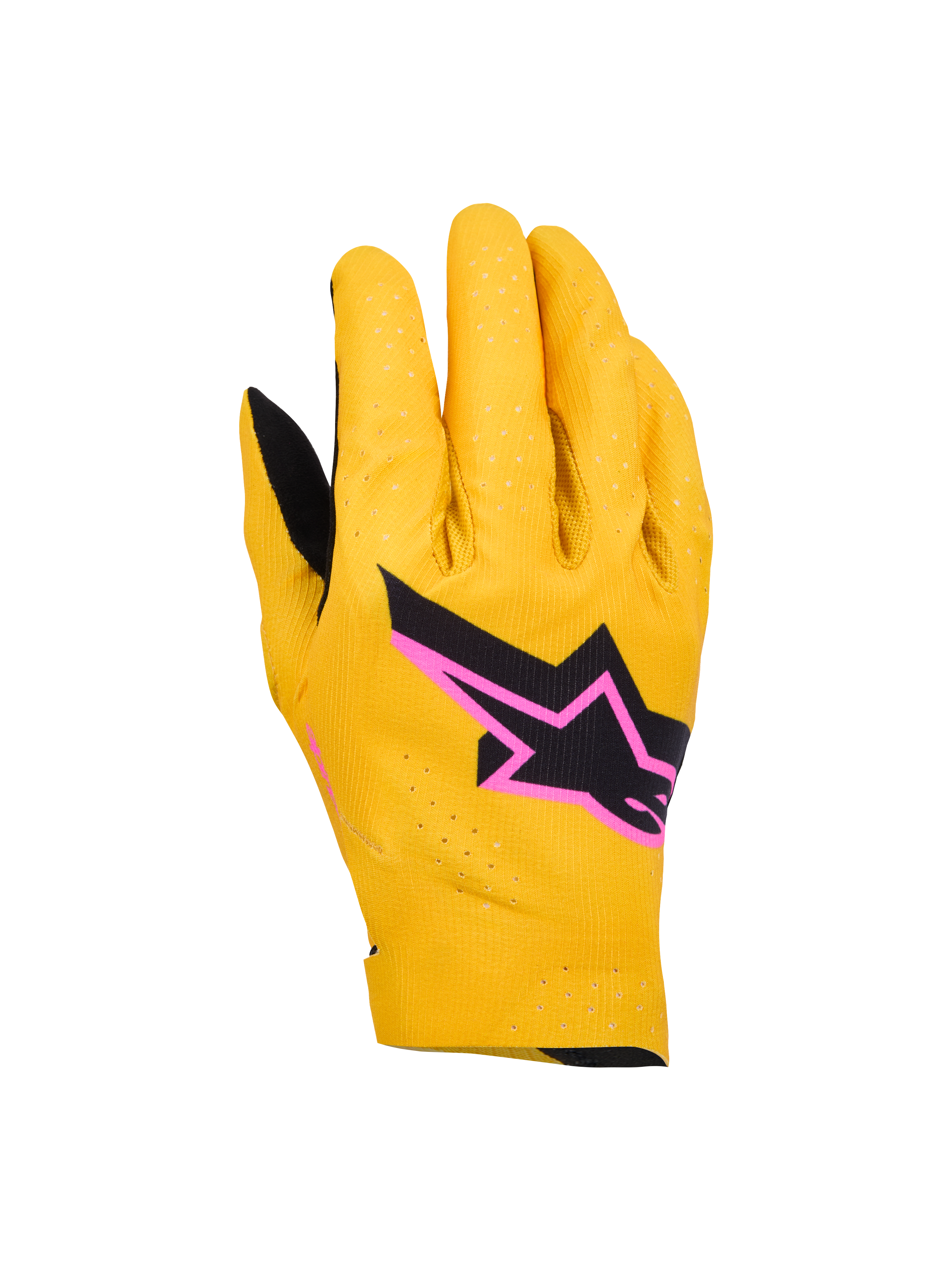 Alpinestars Supertech MX Gloves, luvas de motocross, douradas, pretas e rosa fluo, com construção elástica de camada única perfurada a laser, logótipo de estrela preto com contorno rosa, design respirável e flexível para corridas todo-o-terreno