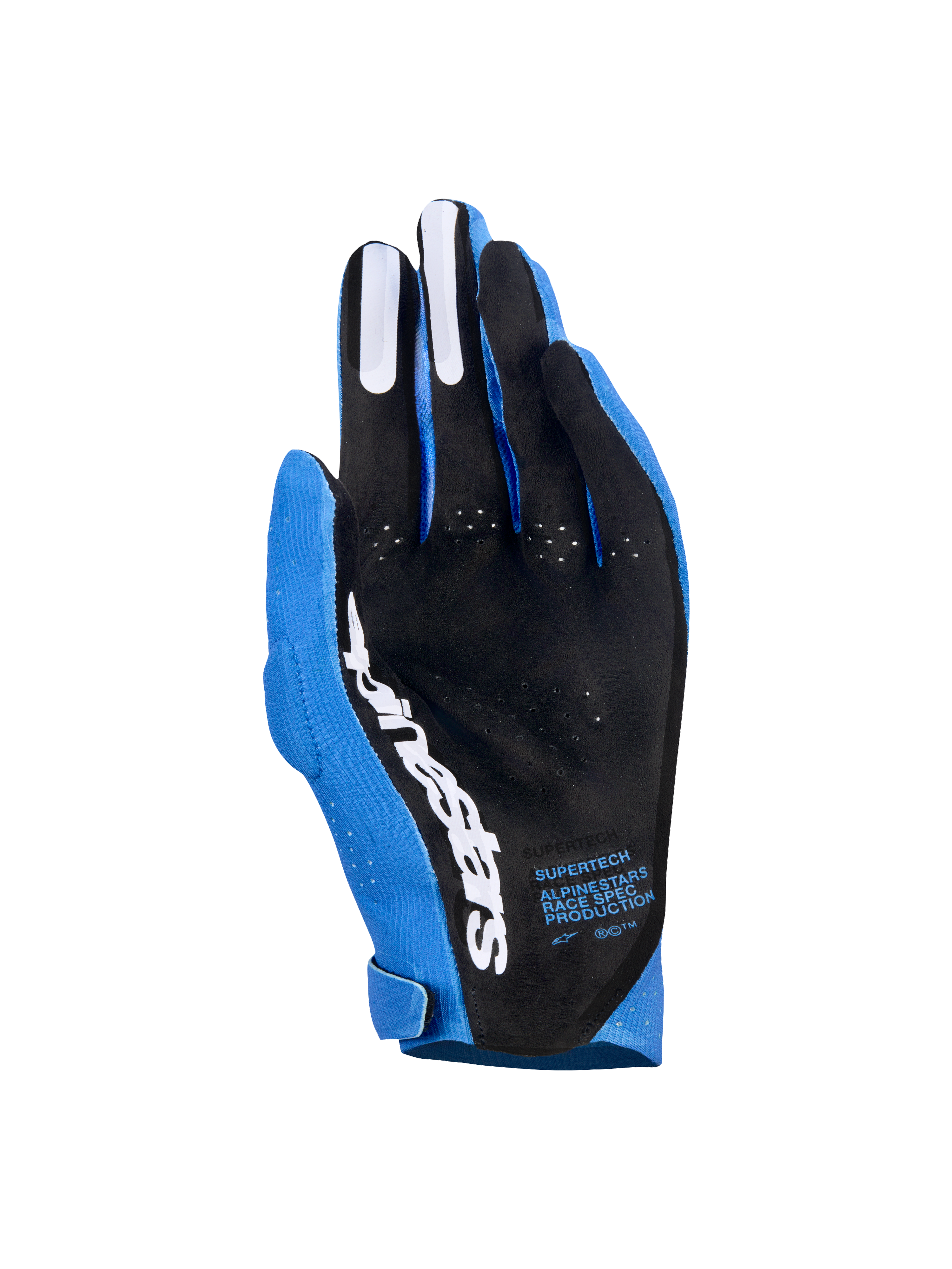 Luvas Alpinestars Supertech MX, luvas de motocross, azul Ucla e azul escuro com detalhes brancos, vista da palma em material perfurado preto, logótipo Alpinestars branco, elementos de aderência em silicone nos dedos e texto técnico, equipamento profissional de corrida todo-o-terreno