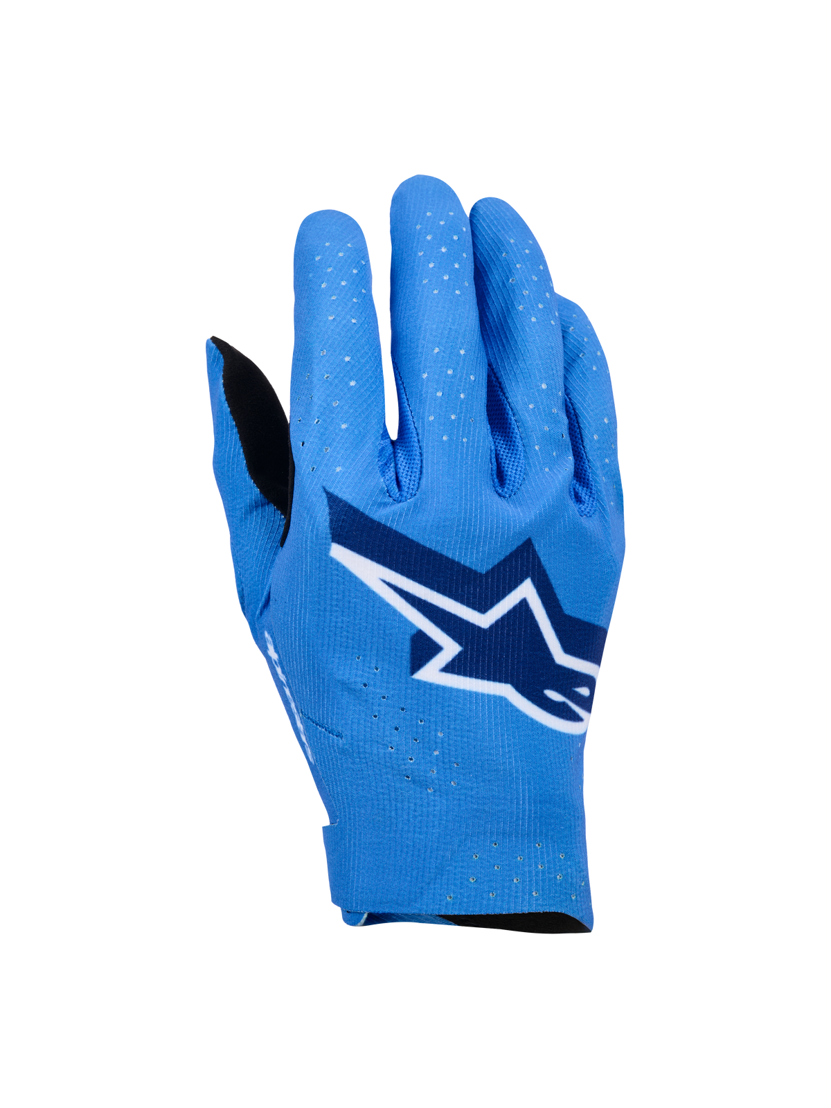 Luvas Alpinestars Supertech MX, luvas de motocross, azul Ucla com detalhes em azul escuro e branco, logótipo de estrela grande no dorso, perfurações a laser para respirabilidade, design ergonómico sem costuras para todo-o-terreno