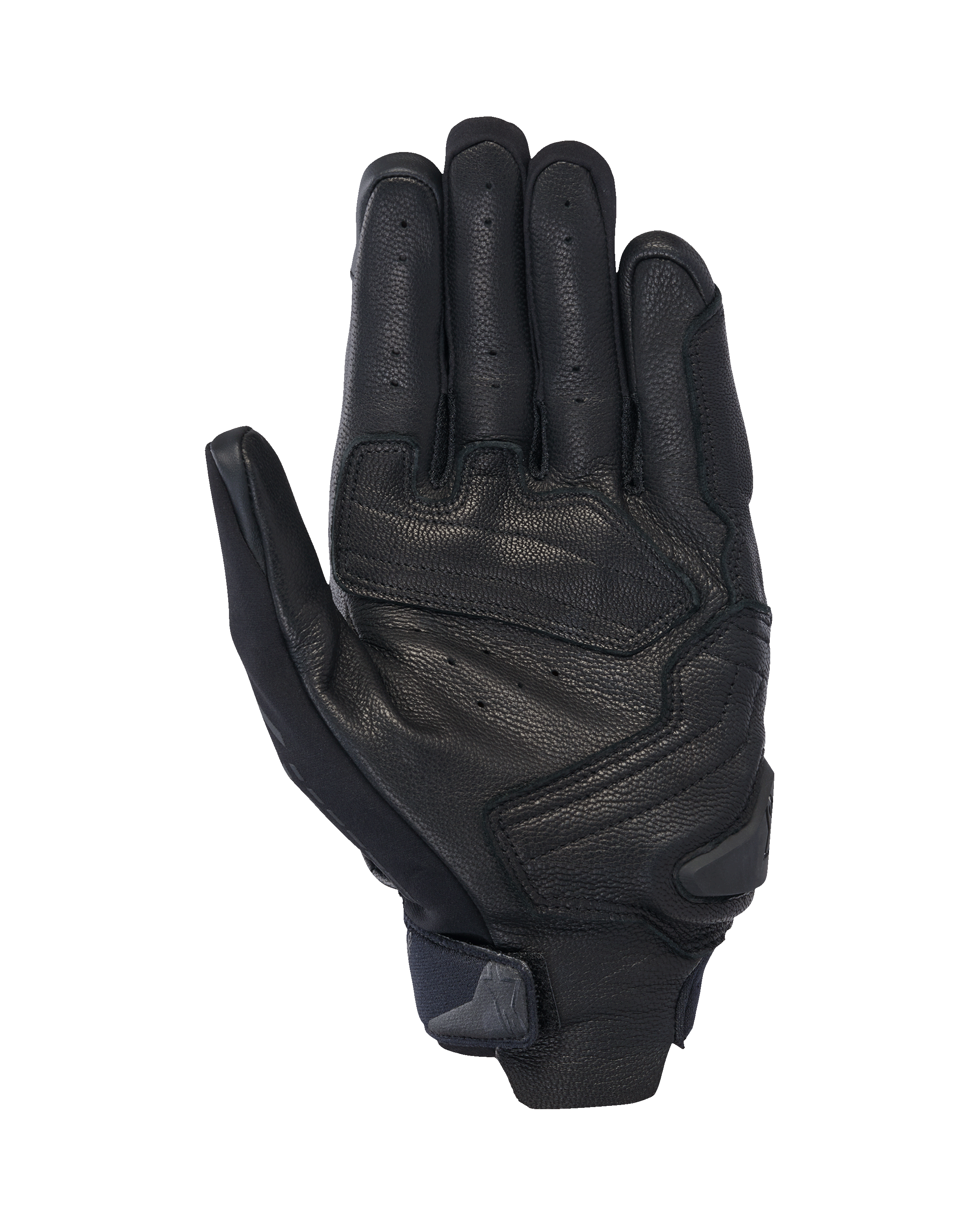 Luvas Alpinestars SP X 7, luvas curtas de motociclismo, pretas, vista da palma mostrando o couro perfurado para ventilação, reforços na palma com um deslizador e tira de pulso compacta com aba de puxar integrada