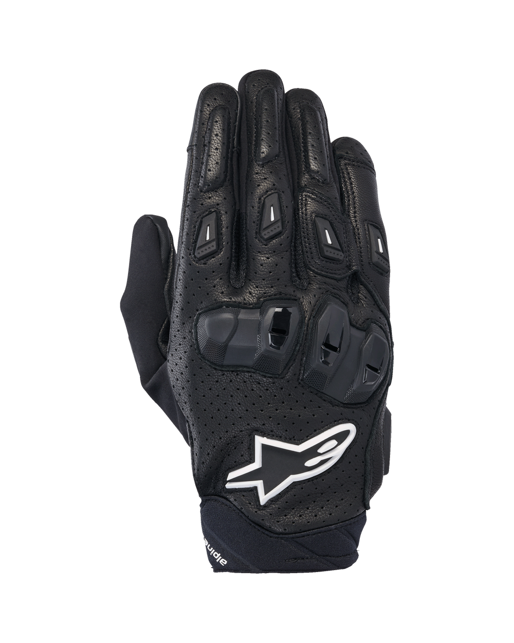 Alpinestars SP X 7 Gloves, Short Sports Motorcycle Gloves, Black and White, featuring perforated leather construction, double-density TPU knuckle protection, and white Alpinestars star logo, designed for performance road riding