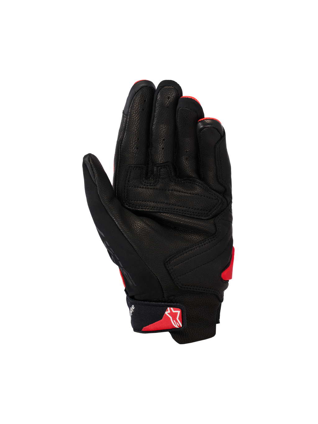 Luvas Alpinestars SP X 7, luvas de motociclismo de cano curto, preto e vermelho brilhante, vista da palma com construção em couro perfurado, painéis reforçados na palma e logótipo Astars vermelho na tira de fecho do pulso