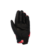 Luvas Alpinestars SP X 7, luvas de motociclismo de cano curto, preto e vermelho brilhante, vista da palma com construção em couro perfurado, painéis reforçados na palma e logótipo Astars vermelho na tira de fecho do pulso