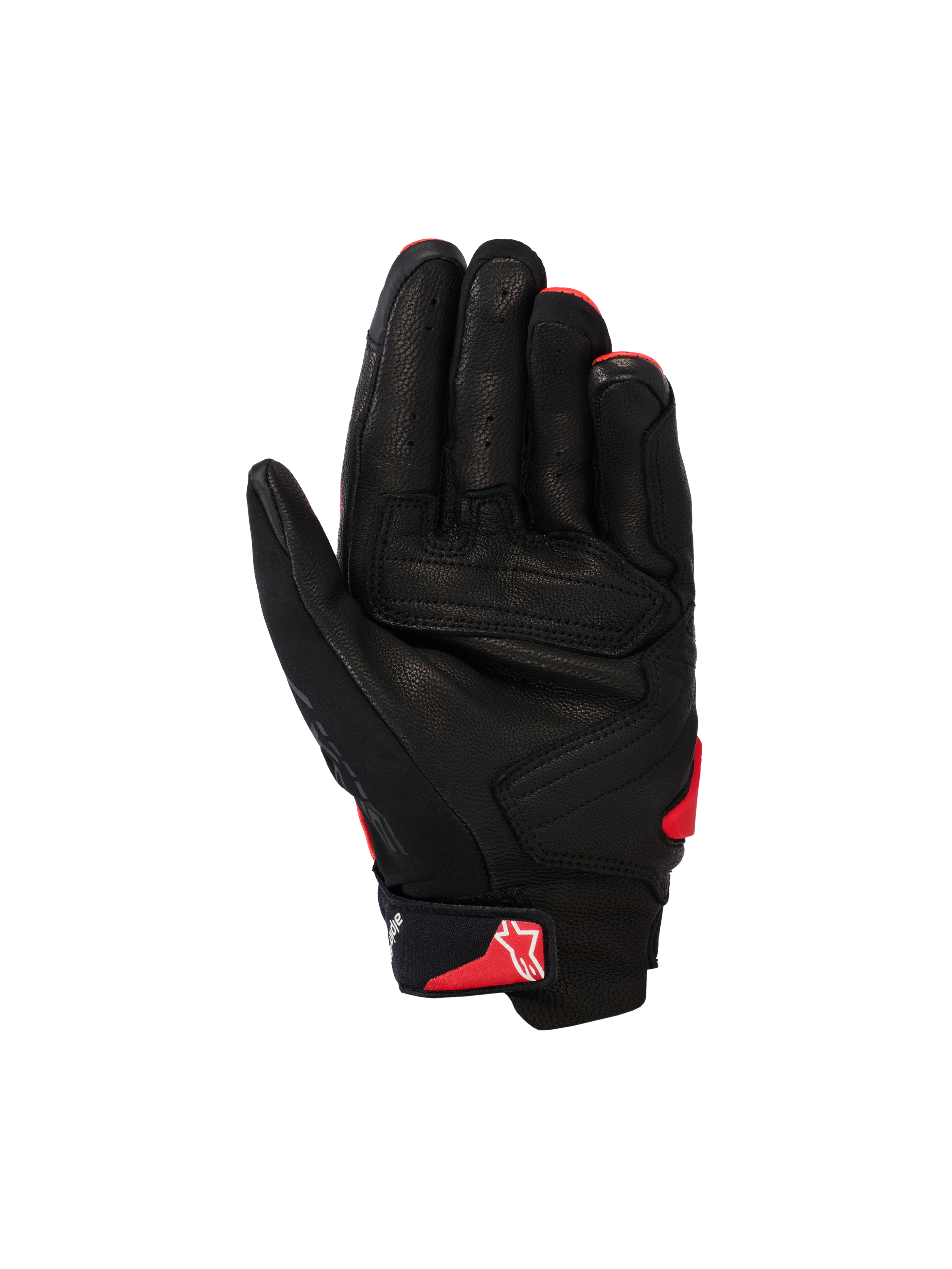 Luvas Alpinestars SP X 7, luvas de motociclismo de cano curto, preto e vermelho brilhante, vista da palma com construção em couro perfurado, painéis reforçados na palma e logótipo Astars vermelho na tira de fecho do pulso