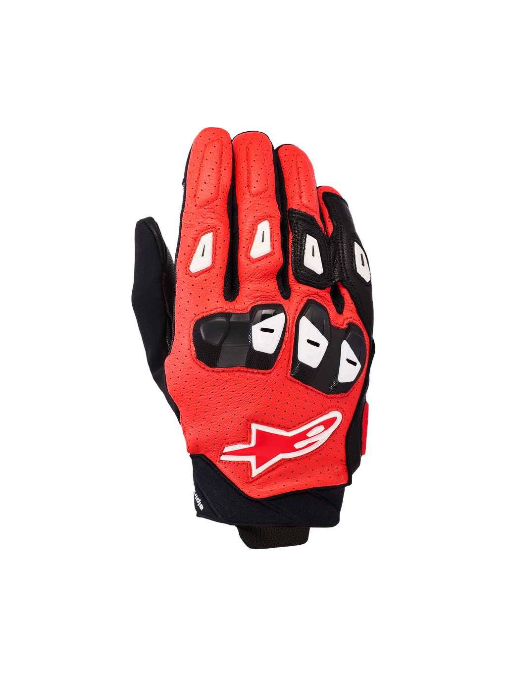 Luvas Alpinestars SP X 7, luvas de motociclismo de corrida de punho curto, em preto, vermelho brilhante e branco, com construção em pele perfurada, proteção de nós dos dedos e dedos em TPU, e o logótipo da estrela Alpinestars nas costas da mão