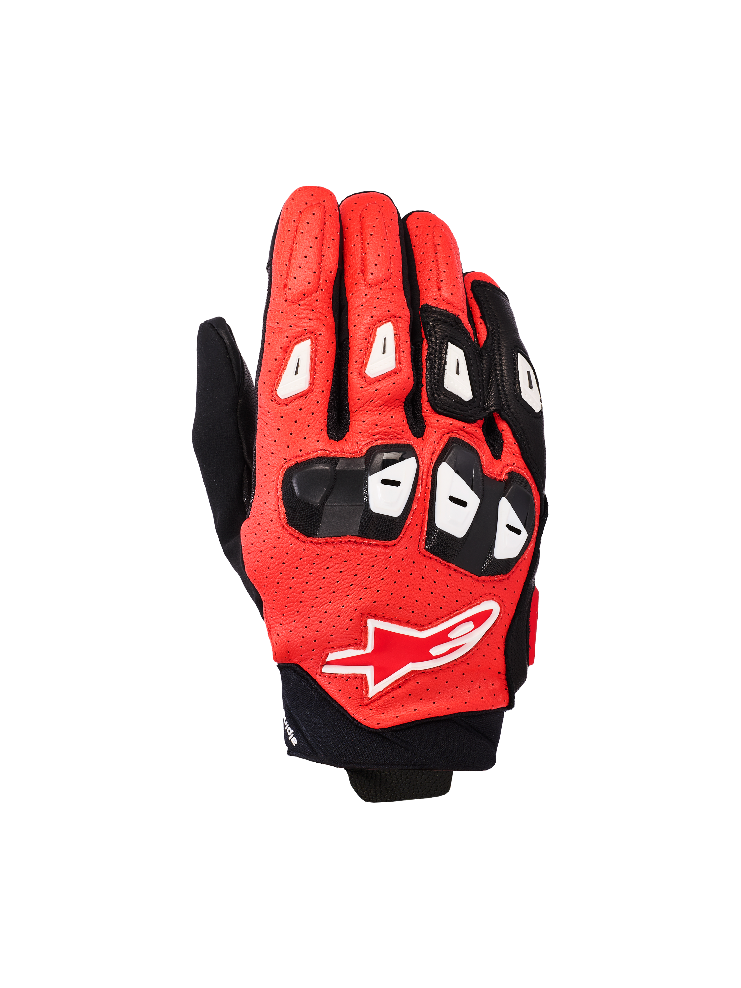 Luvas Alpinestars SP X 7, luvas de motociclismo de corrida de punho curto, em preto, vermelho brilhante e branco, com construção em pele perfurada, proteção de nós dos dedos e dedos em TPU, e o logótipo da estrela Alpinestars nas costas da mão