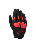 Alpinestars SP X 7 Gloves, Short-Cuff Motorcycle Sport Gloves, Black and Red Fluo, featuring perforated leather chassis with double-density TPU knuckle protection, TPR finger sliders, and a compact cuff design