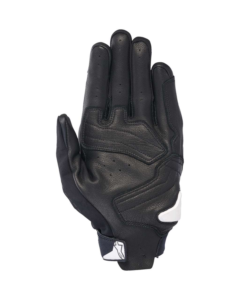 Luvas Alpinestars SP X 7, vista da palma, pretas com detalhes brancos, luvas de motociclismo de cano curto com couro perfurado, reforços sobrepostos na palma e logótipo Alpinestars branco no fecho do punho