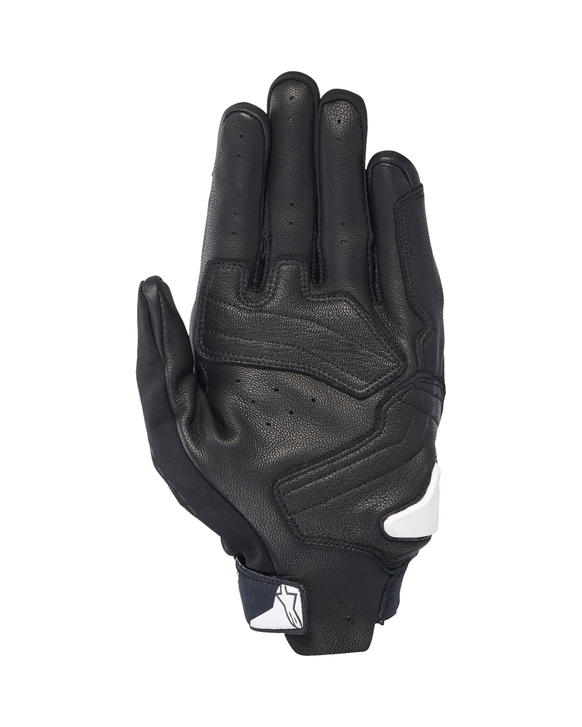 Alpinestars SP X 7 Gloves, Palm view, Black with white accents, short-cuff motorcycle gloves featuring perforated leather, reinforced palm overlays, and white Alpinestars logo on the wrist closure
