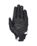 Luvas Alpinestars SP X 7, vista da palma, pretas com detalhes brancos, luvas de motociclismo de cano curto com couro perfurado, reforços sobrepostos na palma e logótipo Alpinestars branco no fecho do punho
