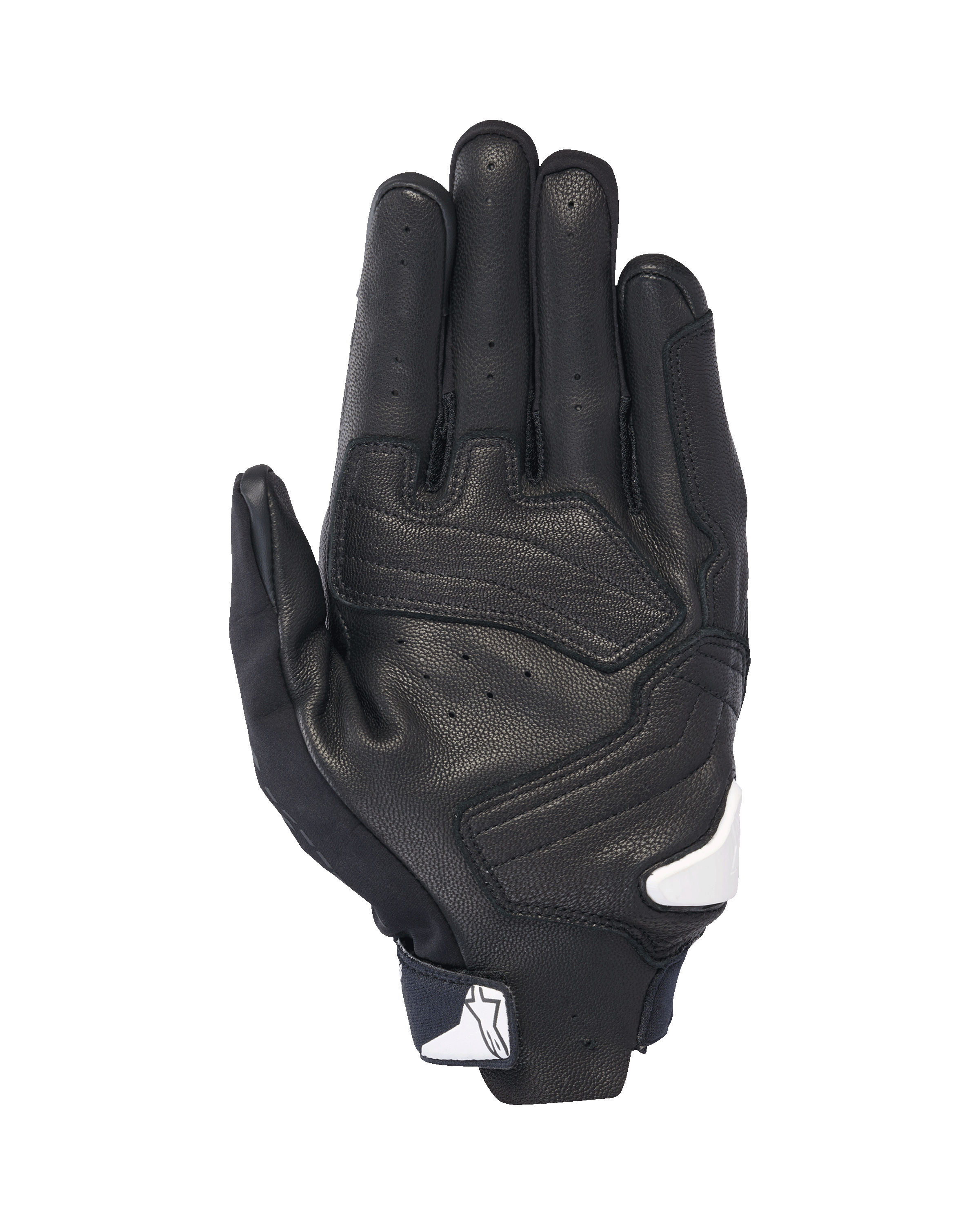Luvas Alpinestars SP X 7, vista da palma, pretas com detalhes brancos, luvas de motociclismo de cano curto com couro perfurado, reforços sobrepostos na palma e logótipo Alpinestars branco no fecho do punho