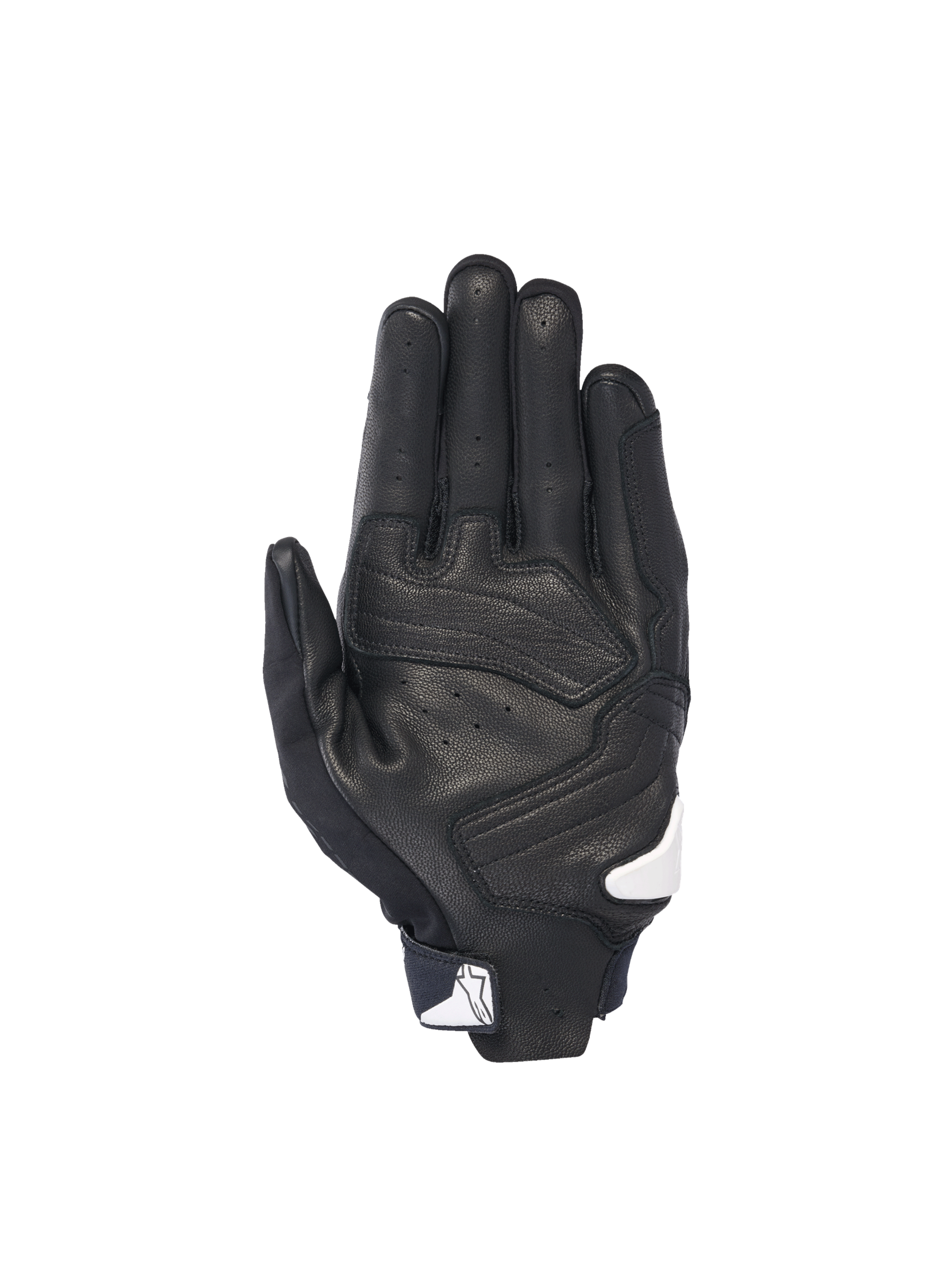 Alpinestars Luvas SP X 7, luvas de moto para homem, pretas e brancas, vista da palma em couro perfurado com deslizadores, ideais para road racing e estrada.