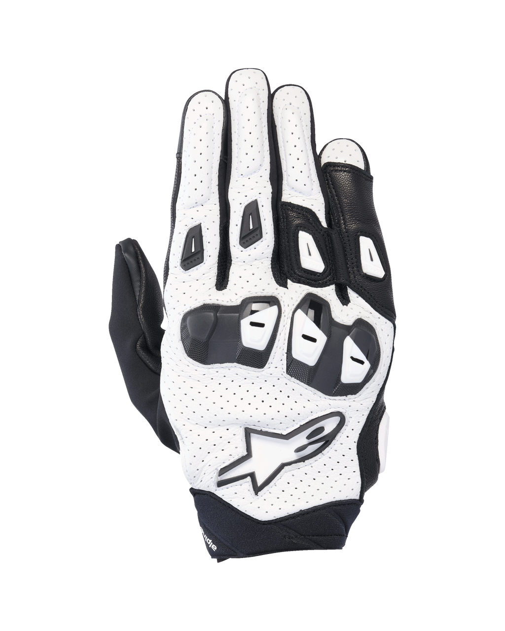 Alpinestars SP X 7, luvas de motociclismo desportivas curtas, brancas e pretas, com construção em couro perfurado e proteção de nós dos dedos em TPU de dupla densidade, logótipo de estrela branco, design ventilado para condução de performance no verão