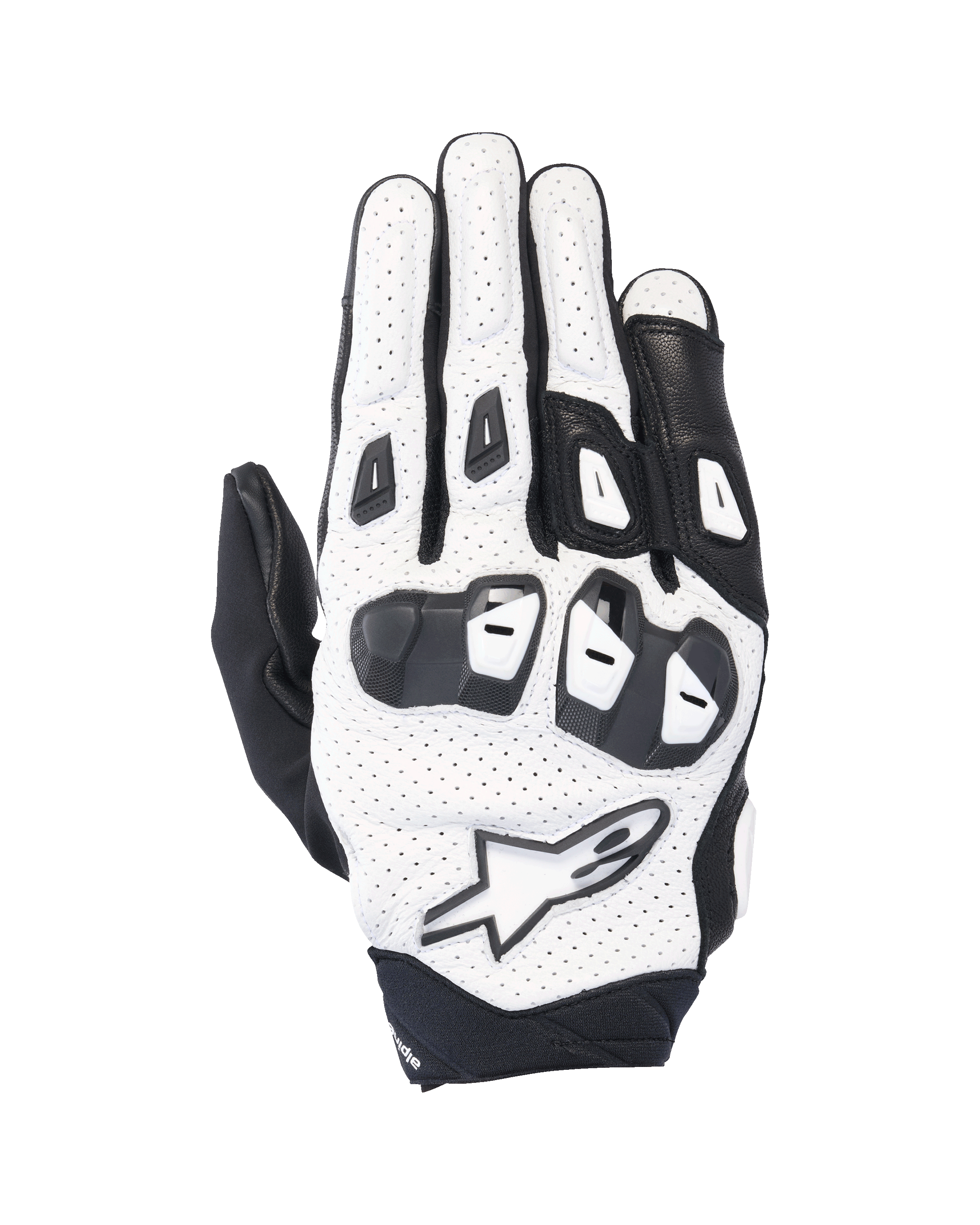 Alpinestars SP X 7, luvas de motociclismo desportivas curtas, brancas e pretas, com construção em couro perfurado e proteção de nós dos dedos em TPU de dupla densidade, logótipo de estrela branco, design ventilado para condução de performance no verão