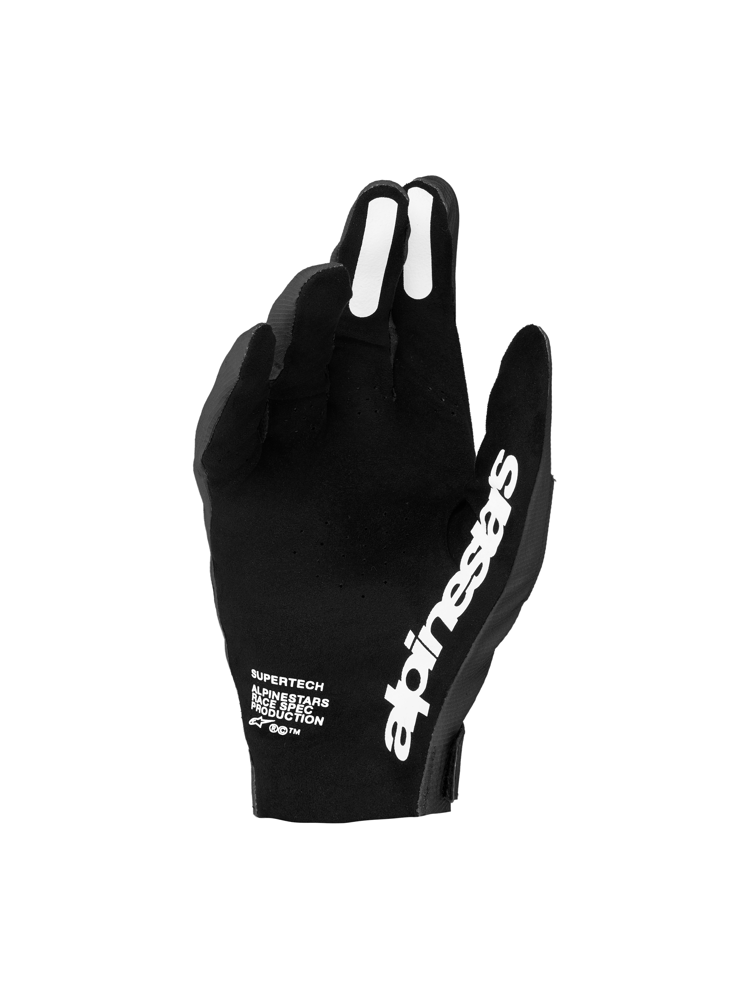 Luvas de motocross Alpinestars Supertech MX 2027 para homem, pretas e brancas, com palma perfurada e aderência de silicone.