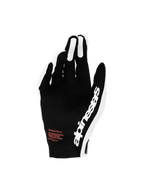 Alpinestars Supertech MX 2027, luvas de motocross para corrida, pretas e brancas com pormenores vermelhos e dorso perfurado.