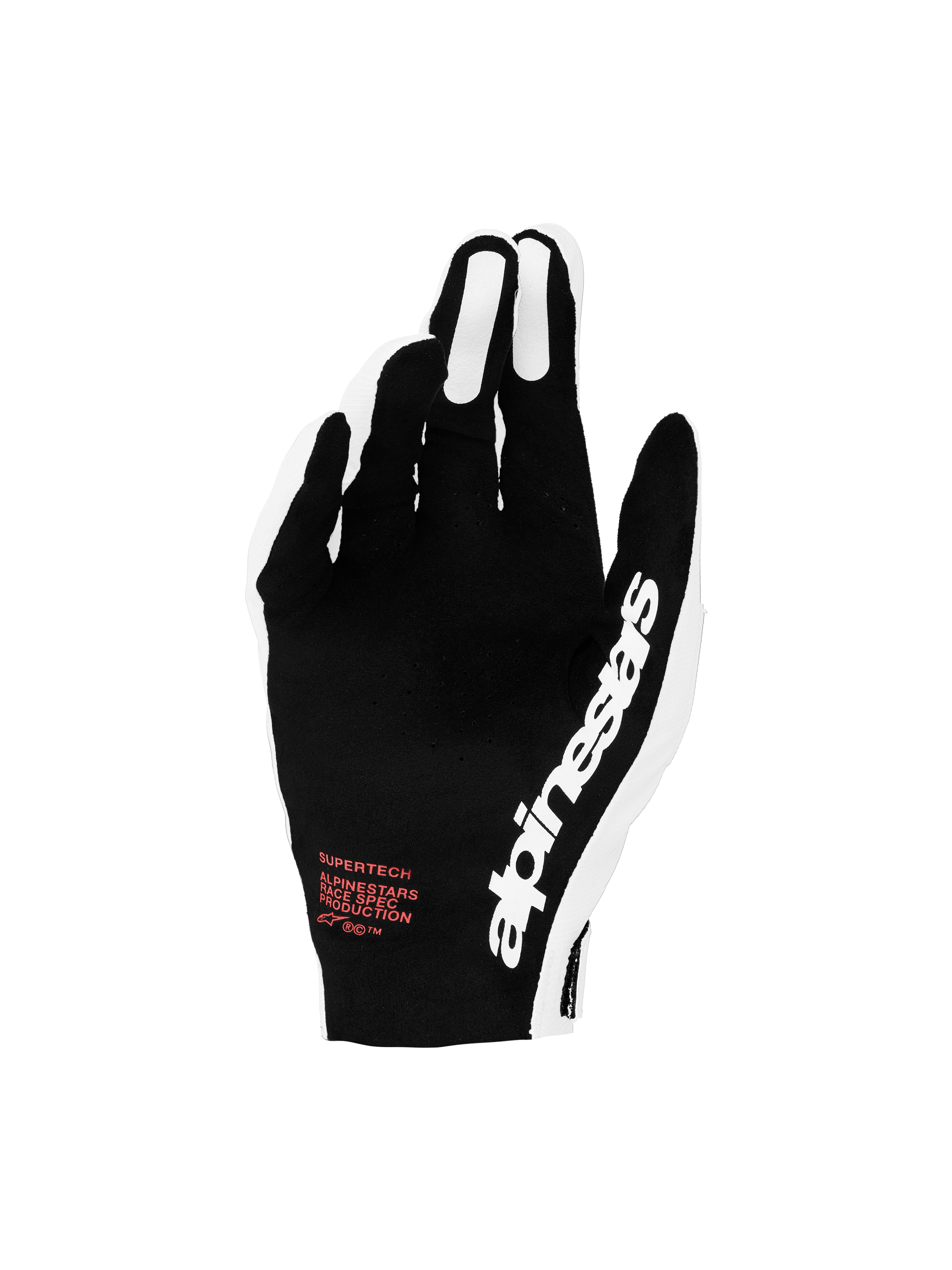 Alpinestars Supertech MX 2027, luvas de motocross para corrida, pretas e brancas com pormenores vermelhos e dorso perfurado.