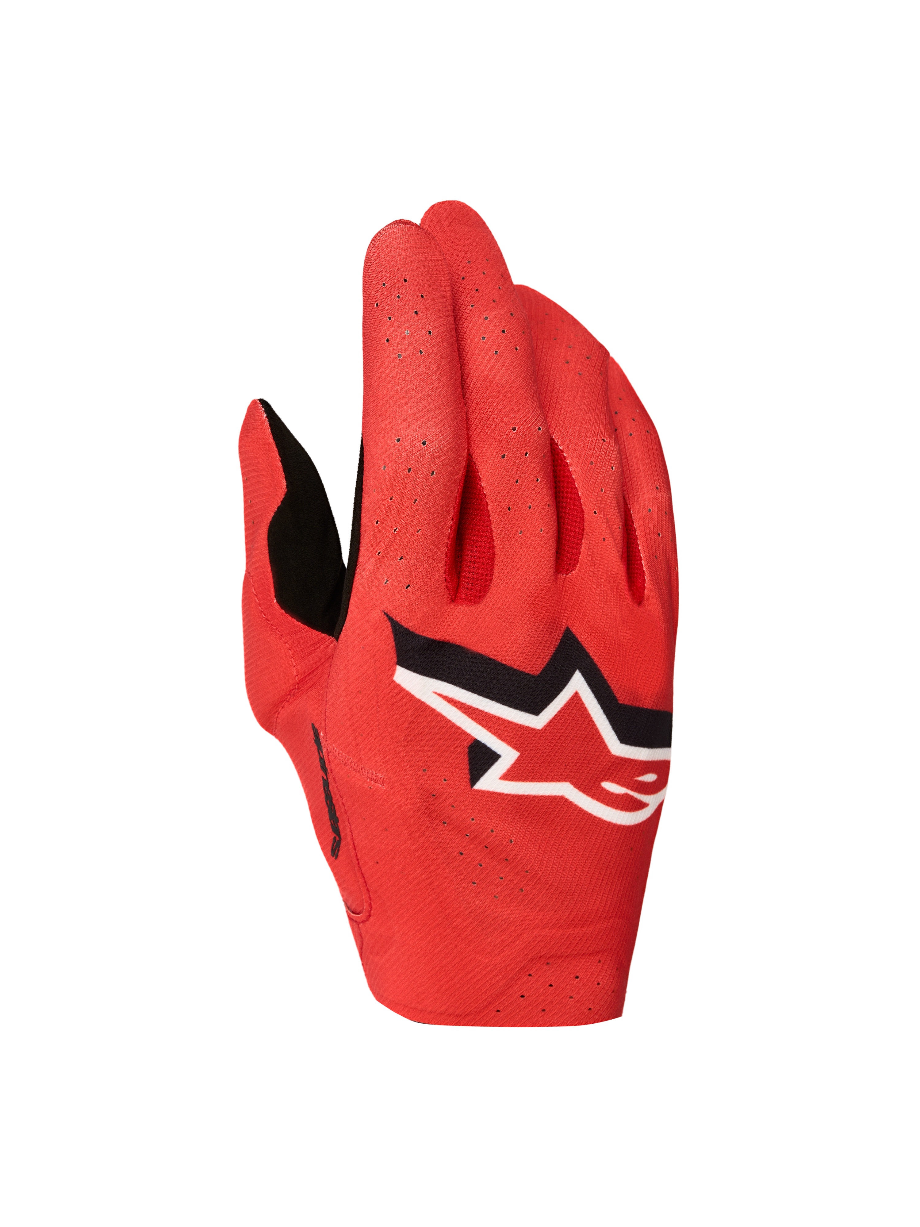 Alpinestars Luvas Supertech MX 2027, luvas de motocross vermelhas com logótipo de estrela e perfurações a laser.