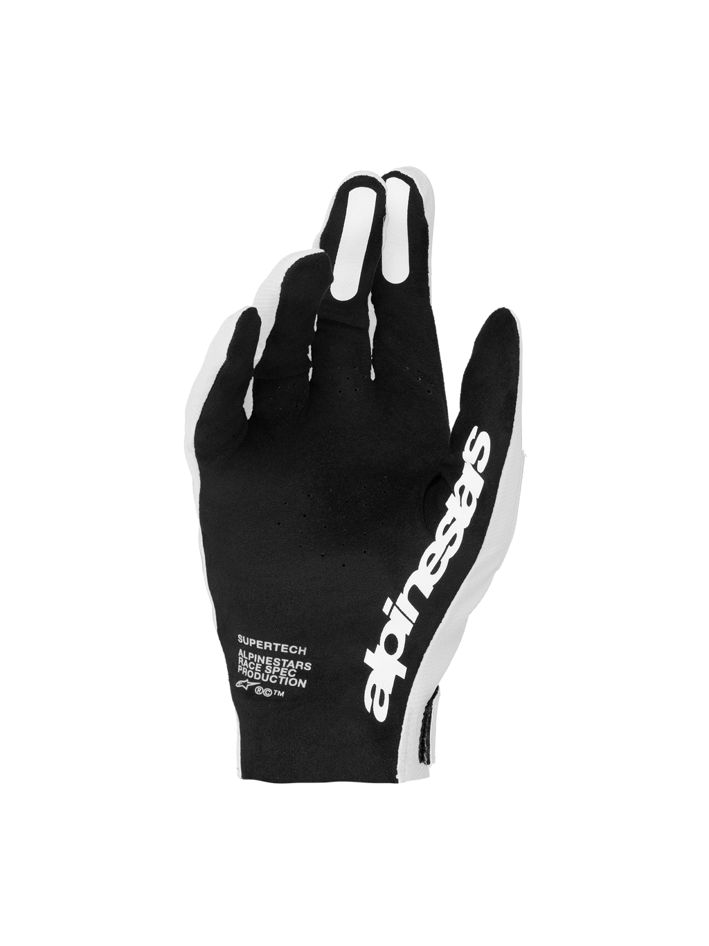 Luvas Supertech MX Alpinestars, luvas de motocross para homem, pretas e brancas, com palmas perfuradas para maior ventilação e controlo preciso em corrida.