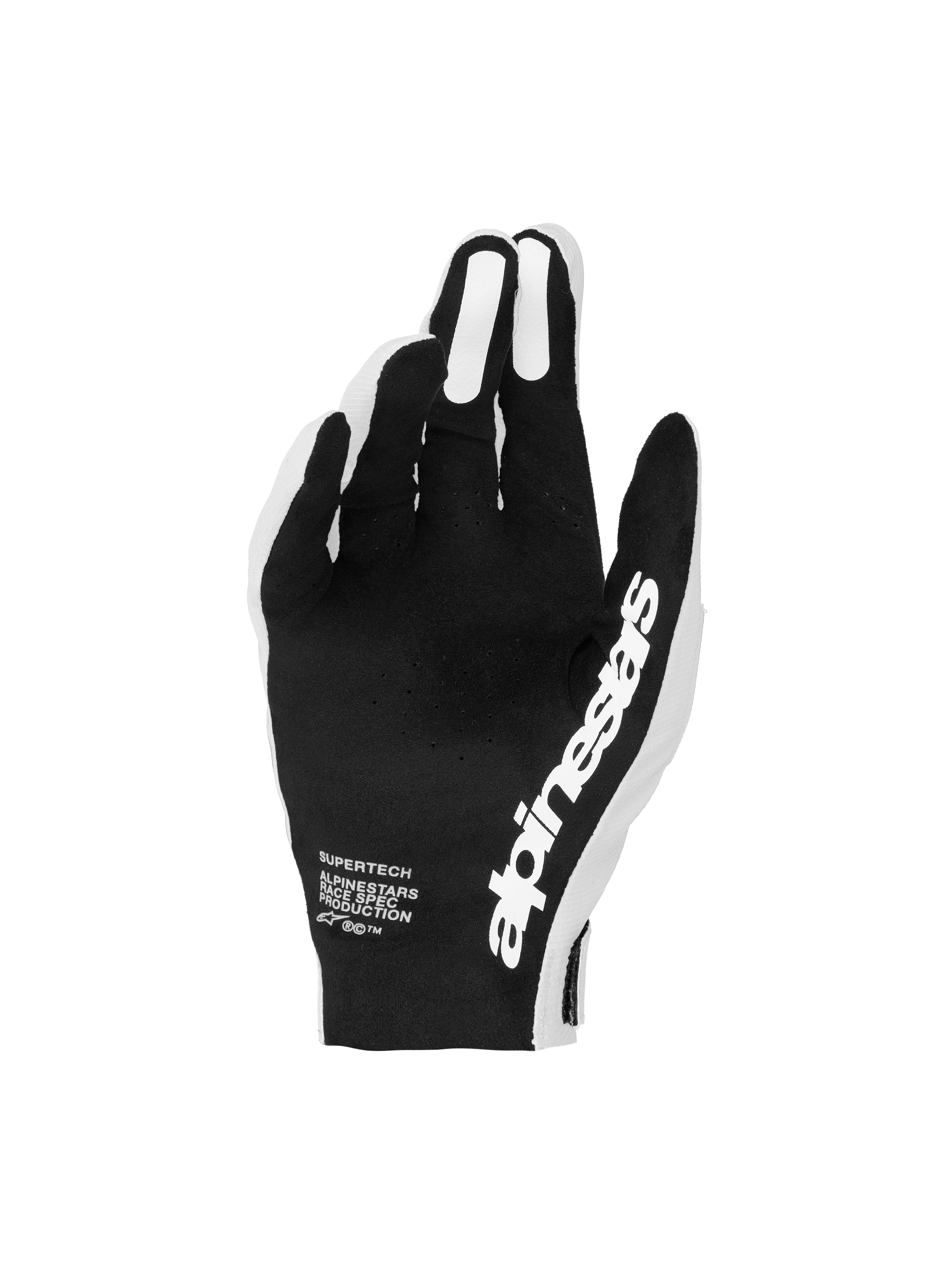 Luvas Supertech MX Alpinestars, luvas de motocross para homem, pretas e brancas, com palmas perfuradas para maior ventilação e controlo preciso em corrida.