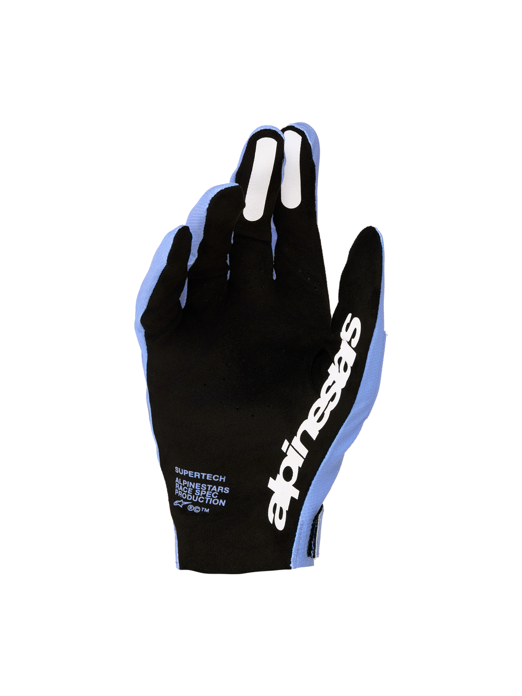 Alpinestars Supertech MX, luvas de motocross em violeta e preto, com palma perfurada e aderência de silicone.