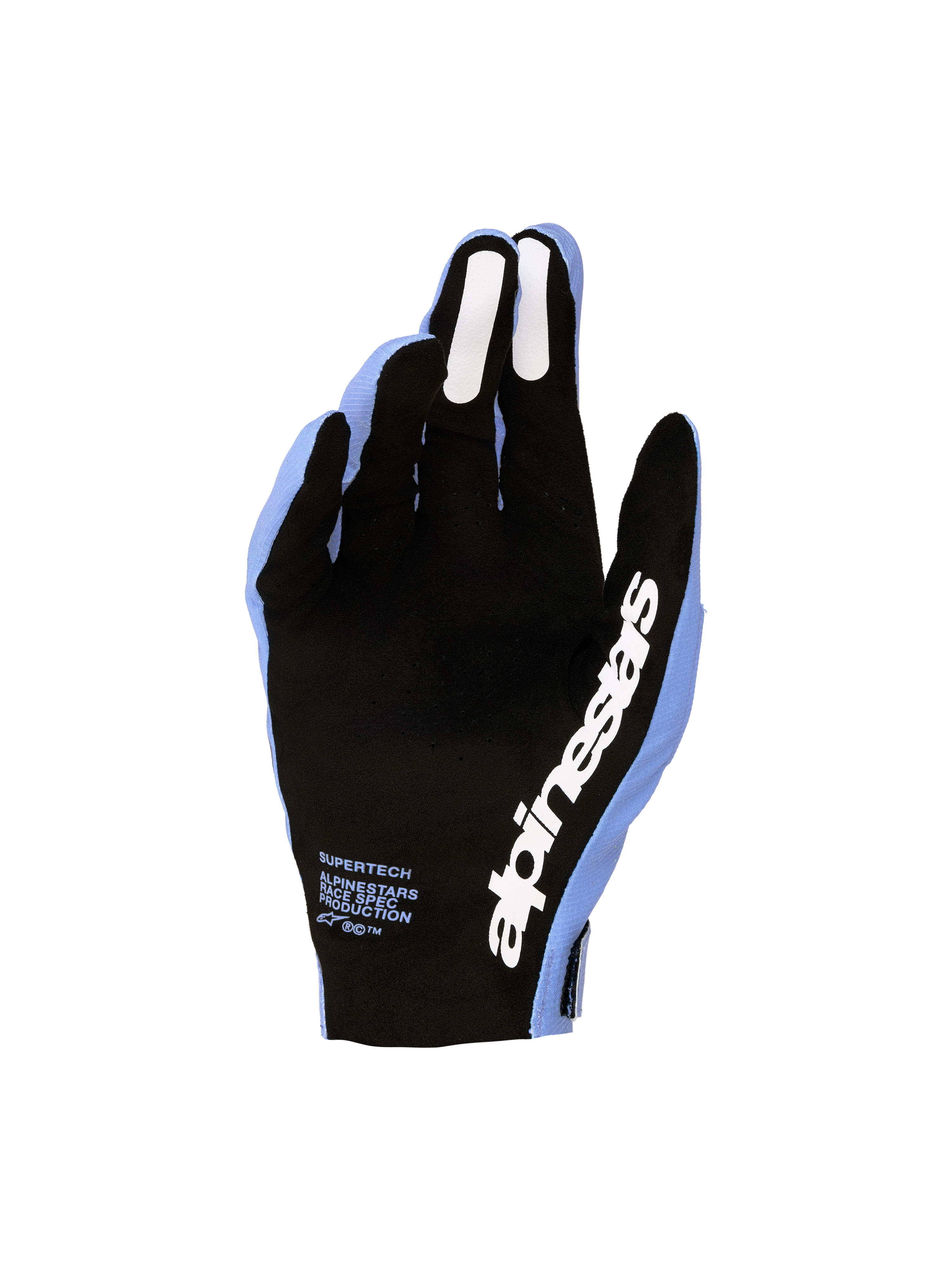 Alpinestars Supertech MX, luvas de motocross em violeta e preto, com palma perfurada e aderência de silicone.