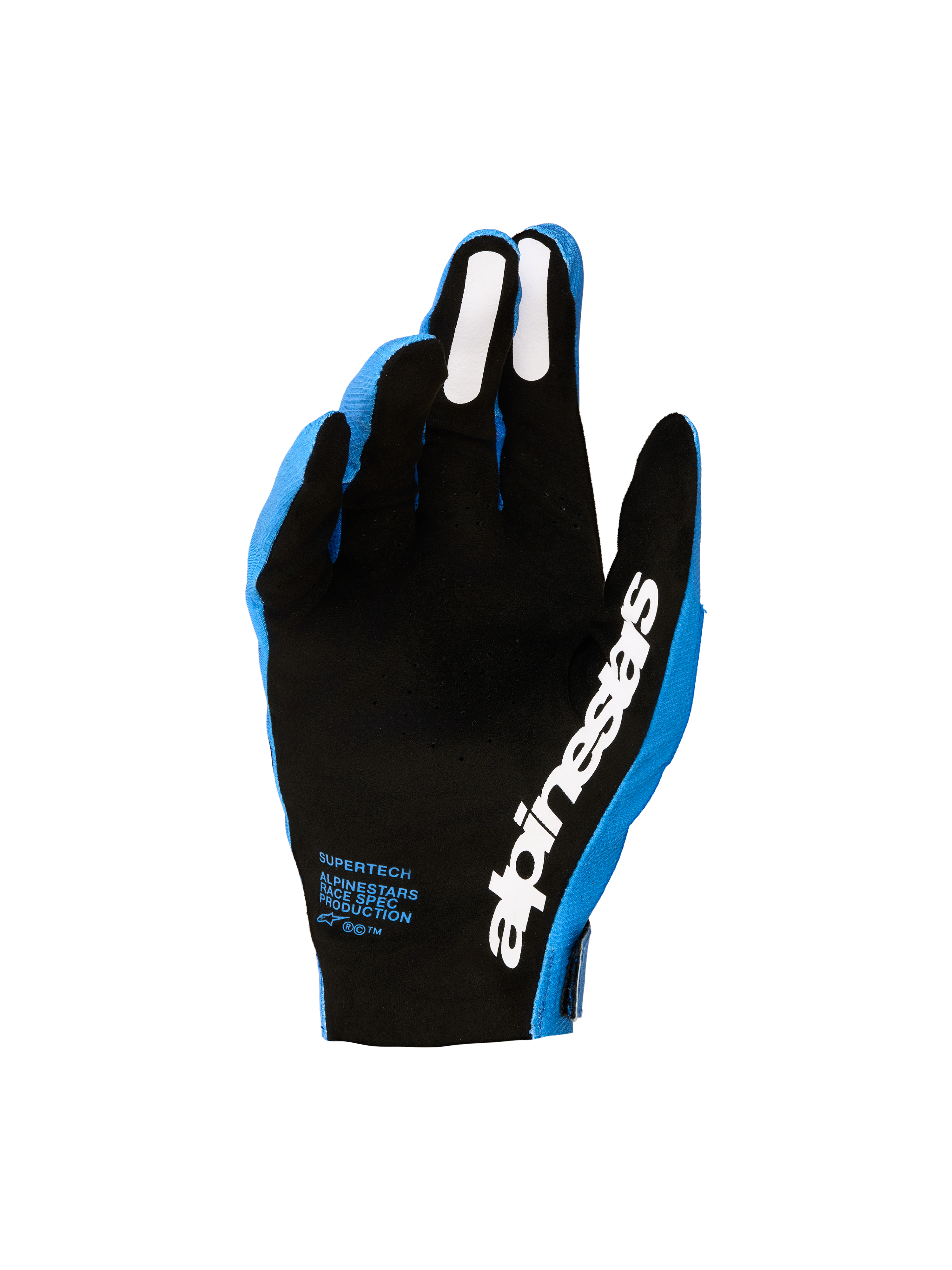 Luvas Alpinestars Supertech MX para motocross, azuis e pretas, com palma perfurada e detalhes em silicone branco.