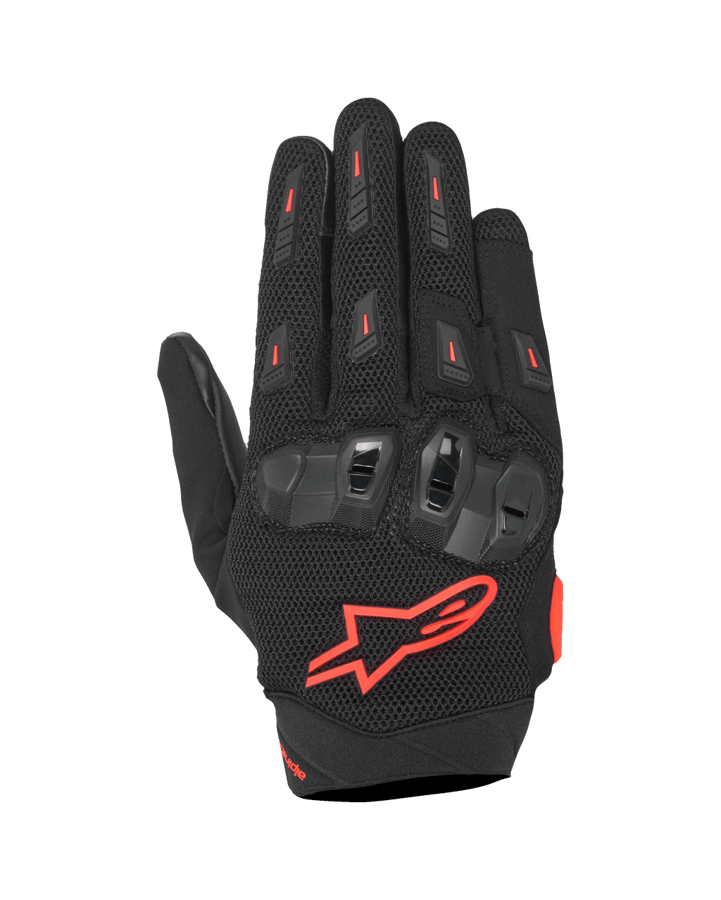 Alpinestars SP X 5 Air Gloves, Motorcycle Sport Gloves, Black and Red Fluo, featuring stretch 3D mesh backhand, TPU double-density knuckle protection, red Alpinestars star logo, breathable perforated design for summer sport riding