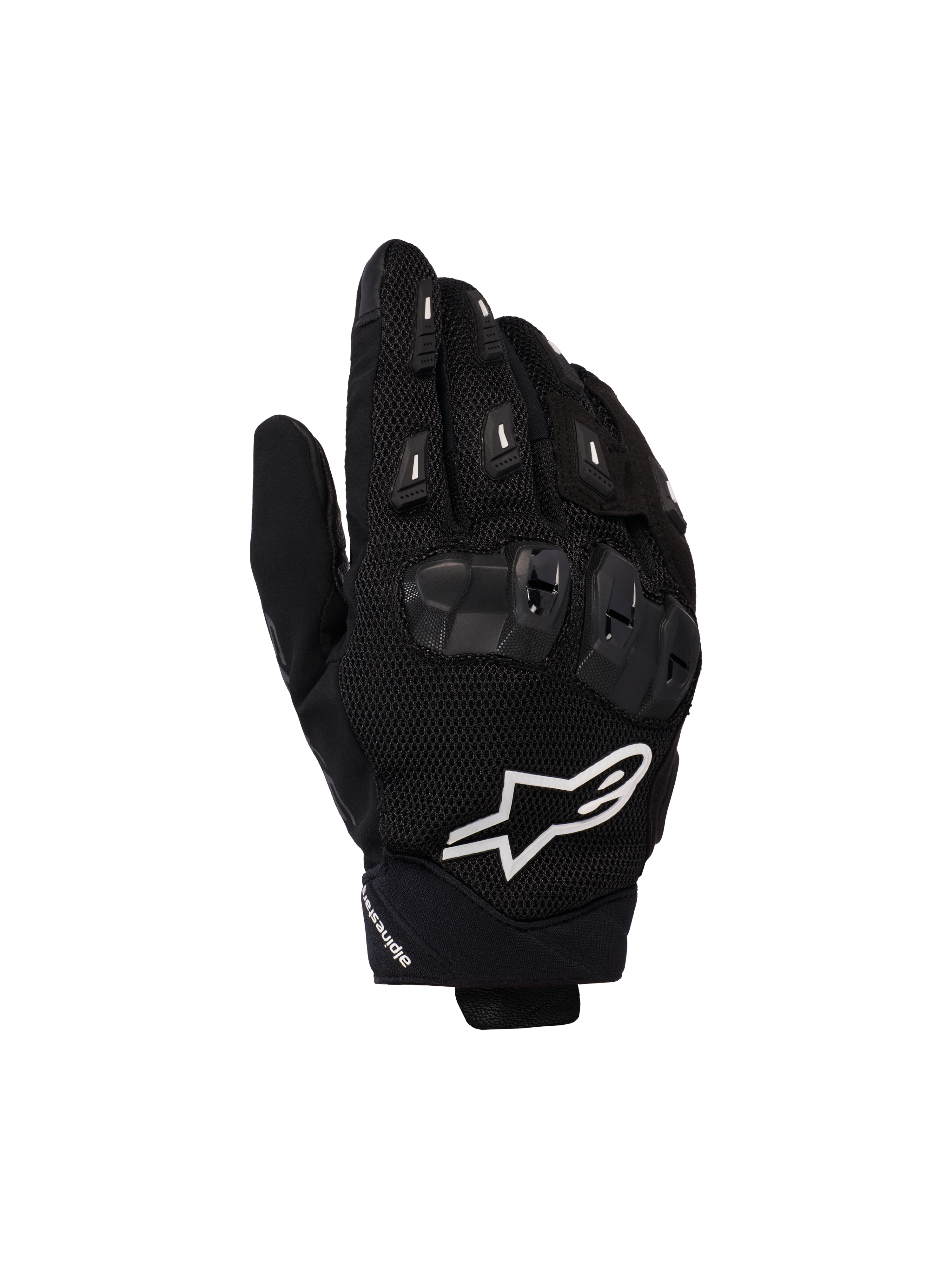 Alpinestars SP X 5 Air, luvas de motociclismo desportivo, pretas com logótipo branco, construção em malha 3D, proteção de nós dos dedos em TPU e deslizadores nos dedos