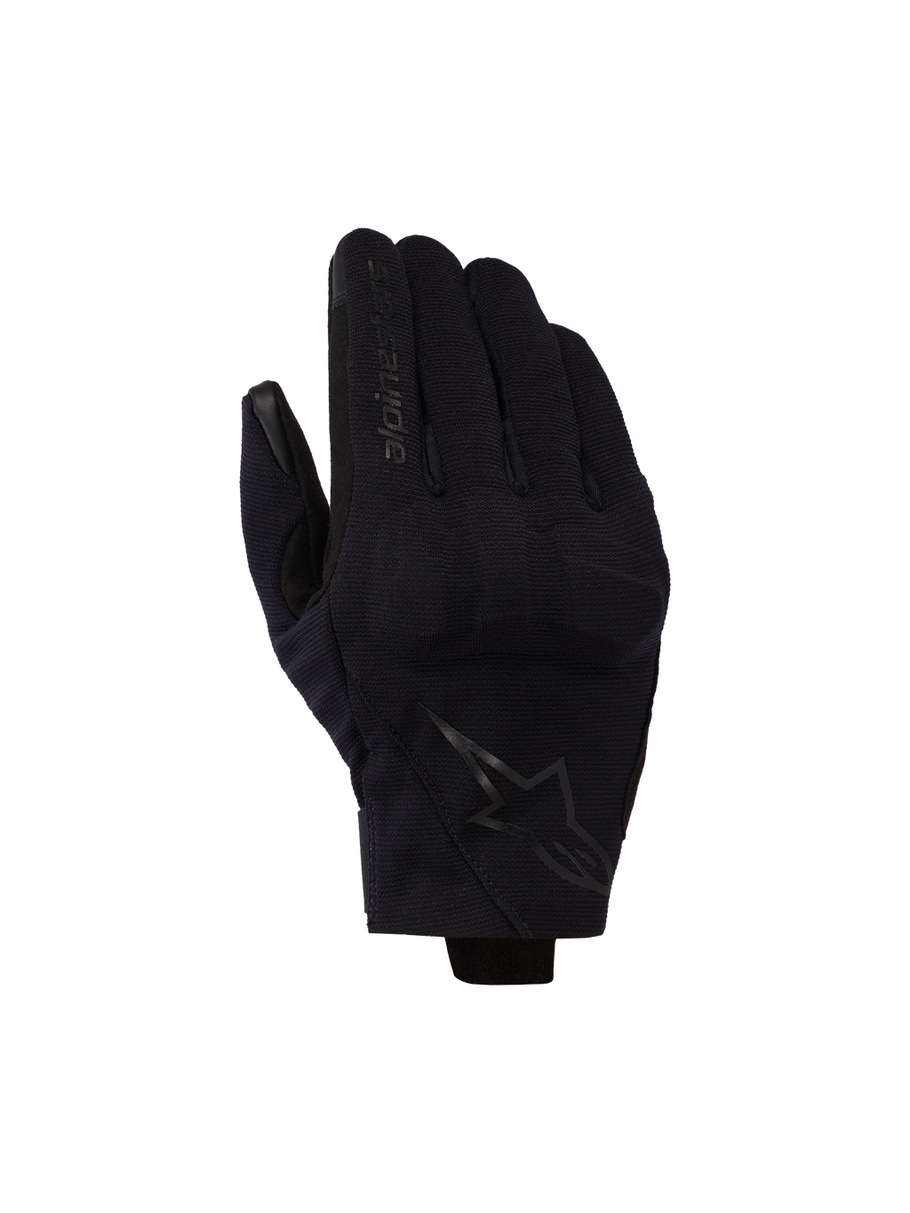 Alpinestars Reef V2 Gloves, luvas de moto pretas de punho curto com tecido elástico texturizado, design ergonómico com logótipo da marca no dedo indicador e emblema de estrela nas costas da mão