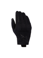Alpinestars Reef V2 Gloves, luvas de moto pretas de punho curto com tecido elástico texturizado, design ergonómico com logótipo da marca no dedo indicador e emblema de estrela nas costas da mão