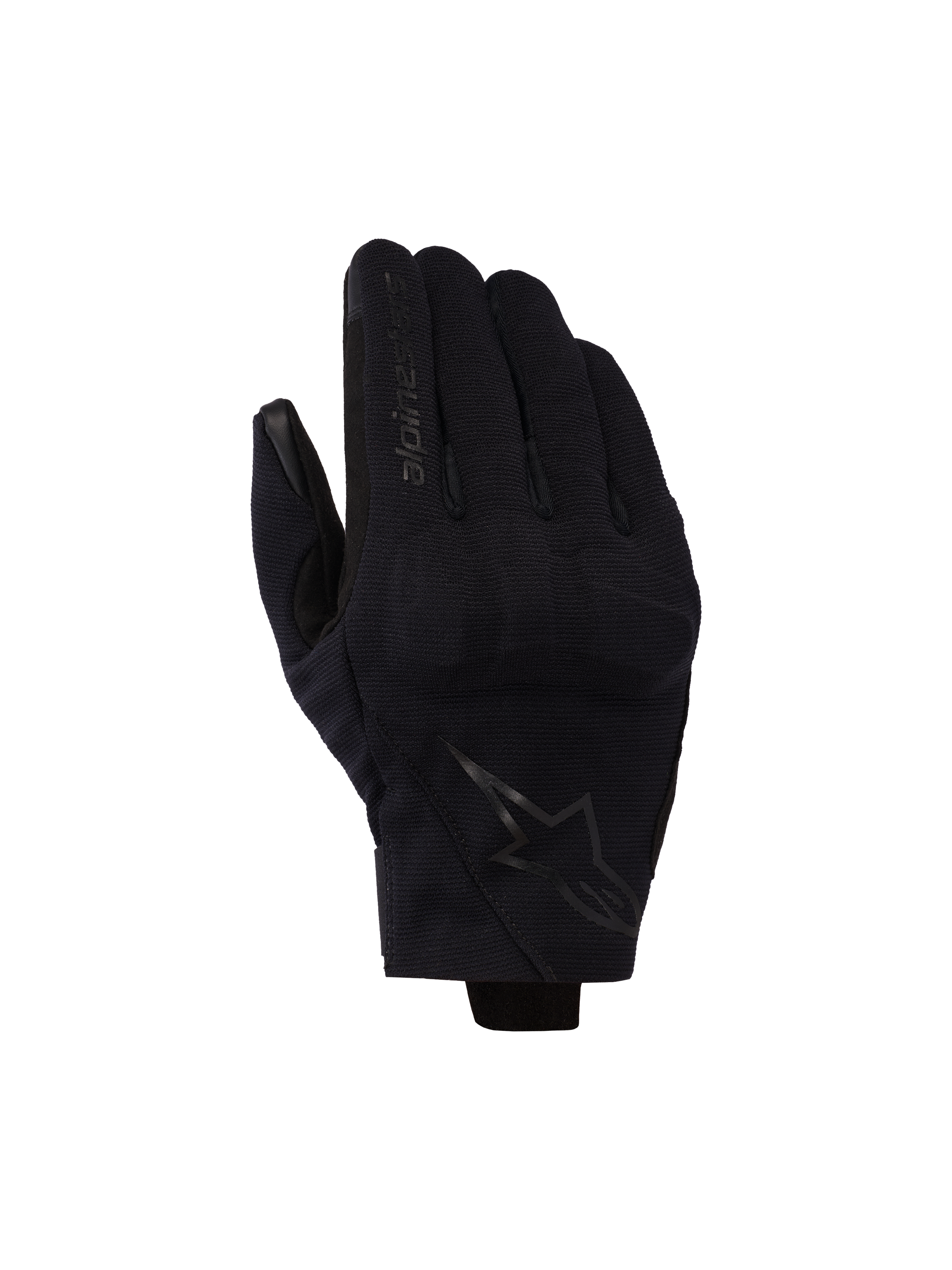 Alpinestars Reef V2 Gloves, luvas de moto pretas de punho curto com tecido elástico texturizado, design ergonómico com logótipo da marca no dedo indicador e emblema de estrela nas costas da mão