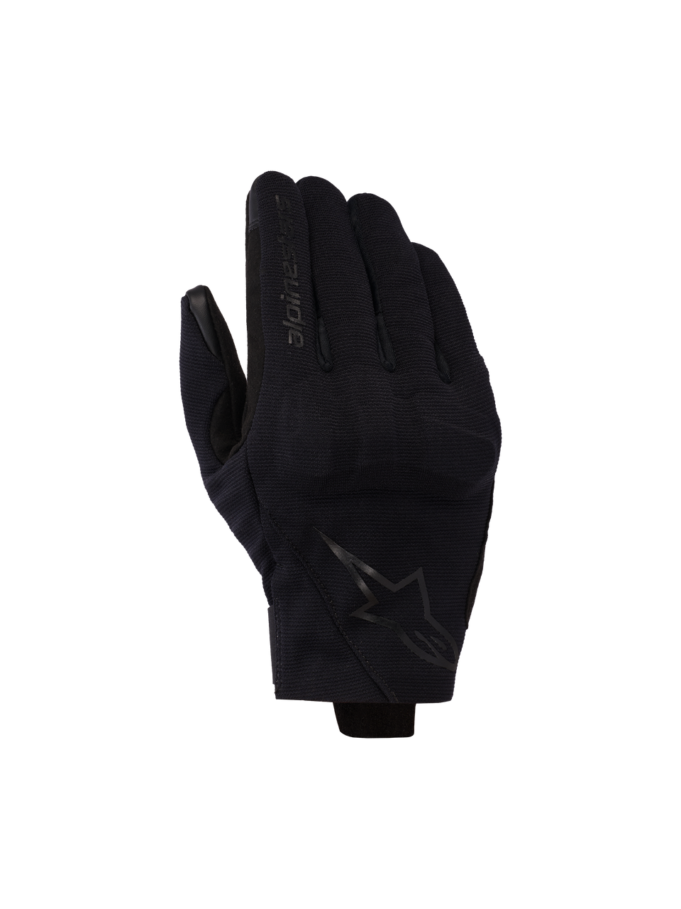 Alpinestars Reef V2 Gloves, luvas de moto pretas de punho curto com tecido elástico texturizado, design ergonómico com logótipo da marca no dedo indicador e emblema de estrela nas costas da mão